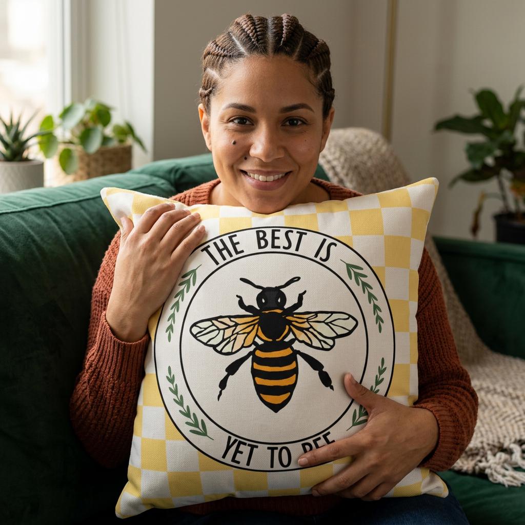 Bee Checkerboard Square Pillow, Cottage-Core Bumblebee Illustration