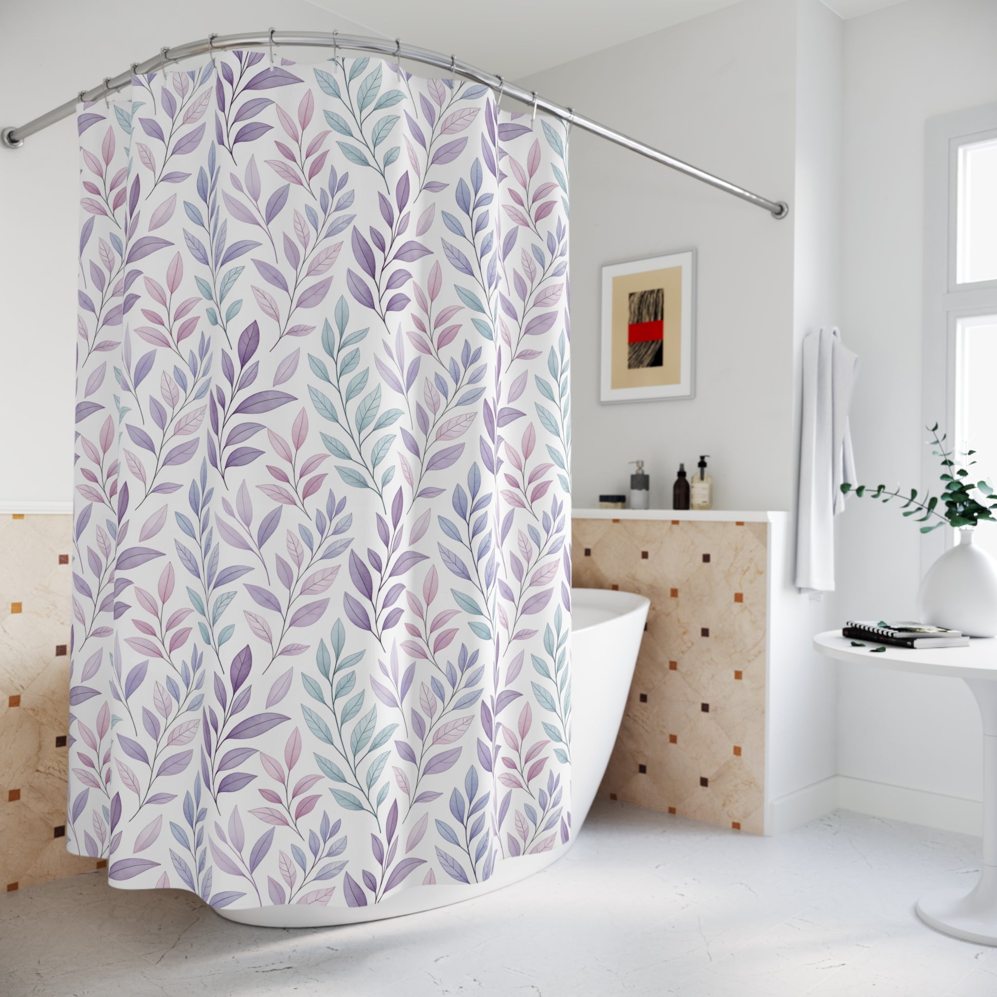 Pastel Leaf Shower Curtain — Lavender & Teal Botanical Bathroom Decor