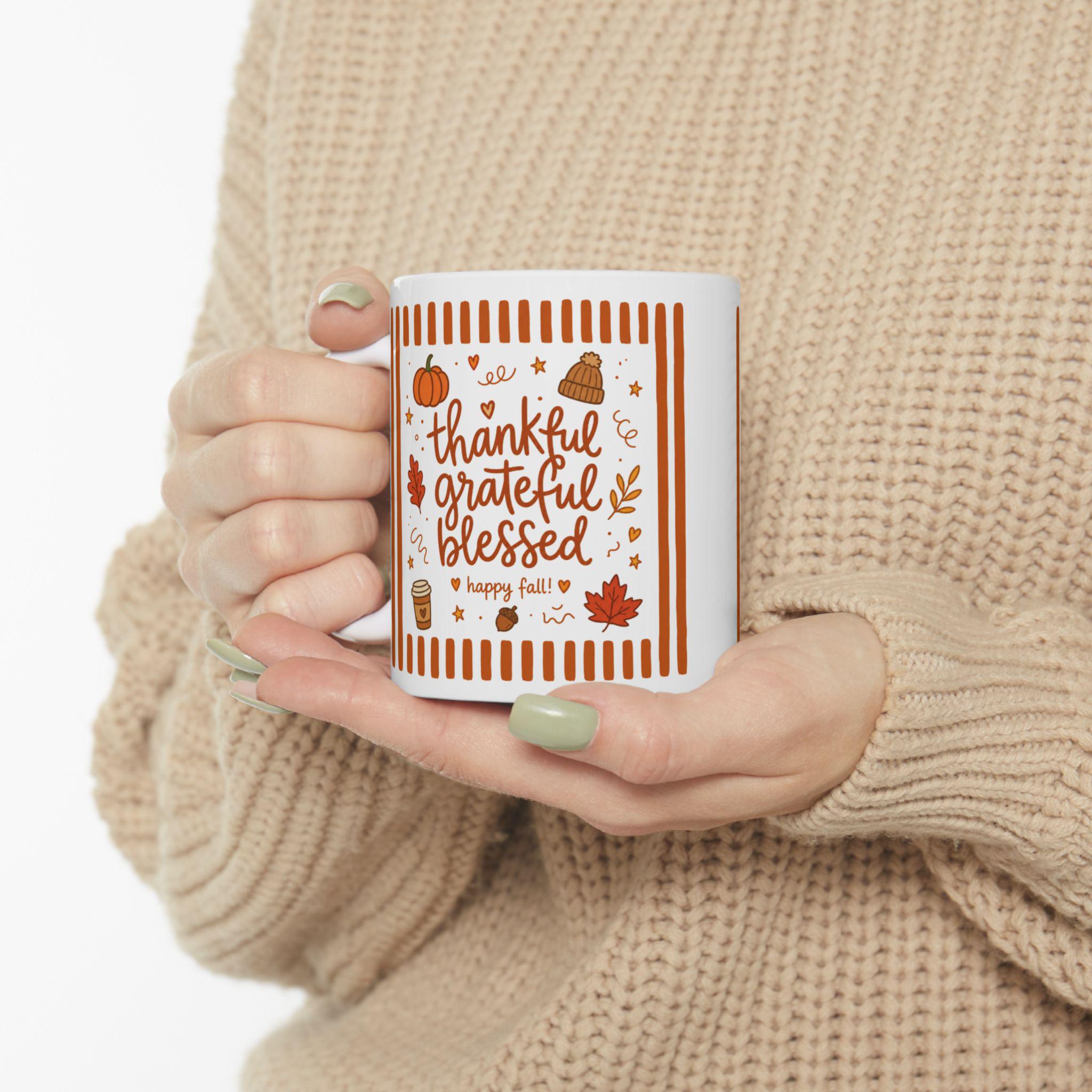 Thankful Grateful Blessed Ceramic Mug | 11oz 15oz, Fall Pumpkin Mug, Cozy Autumn Cup, Thanksgiving Gift, Farmhouse Kitchen Fall Coffee Cup