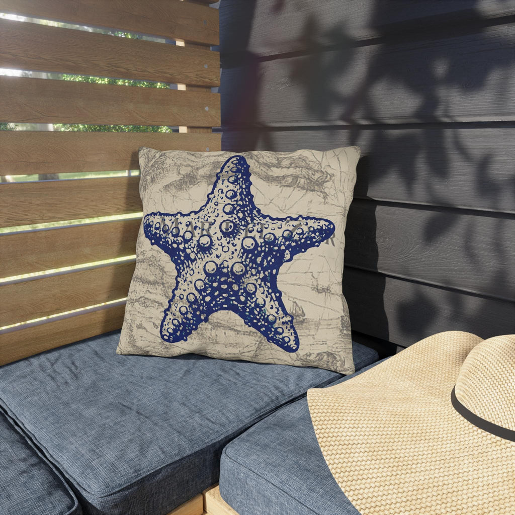 Nautical Blue Starfish Outdoor Pillow | Coastal Beach Decorative Cushion