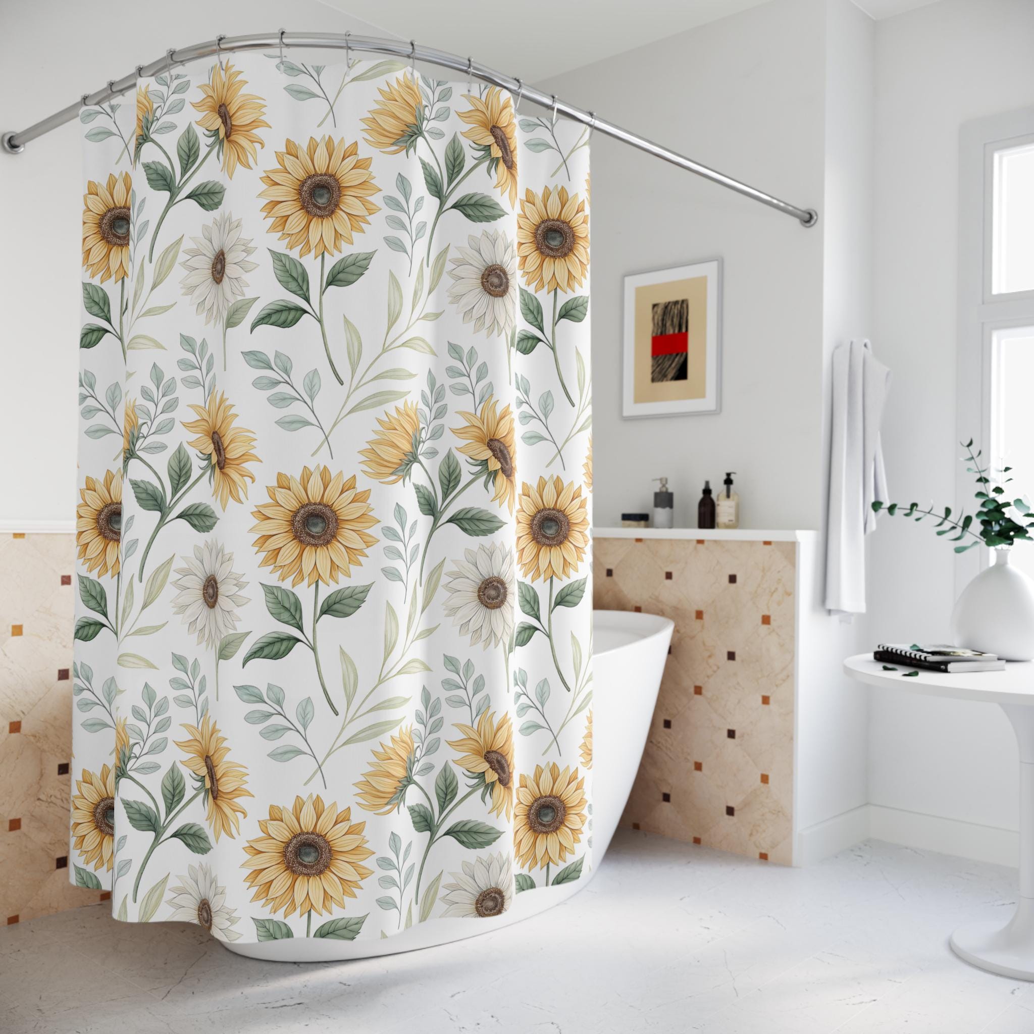 Sunflower Shower Curtain, Watercolor Floral Bathroom Decor, Boho Farmhouse Yellow Flower Curtain, Cottagecore Spring Summer Bath Gift