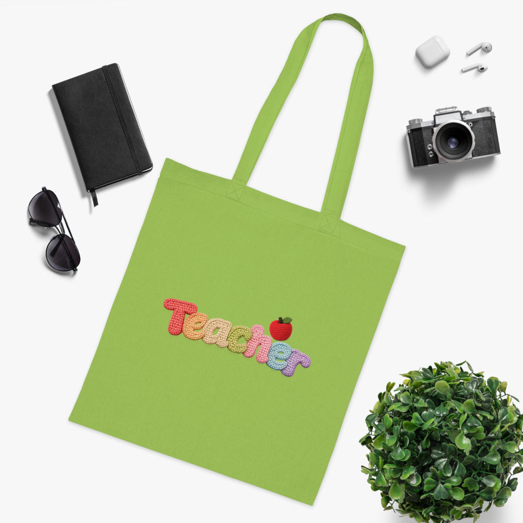 Teacher Tote Bag | Rainbow Letter Apple Design, Cotton Canvas