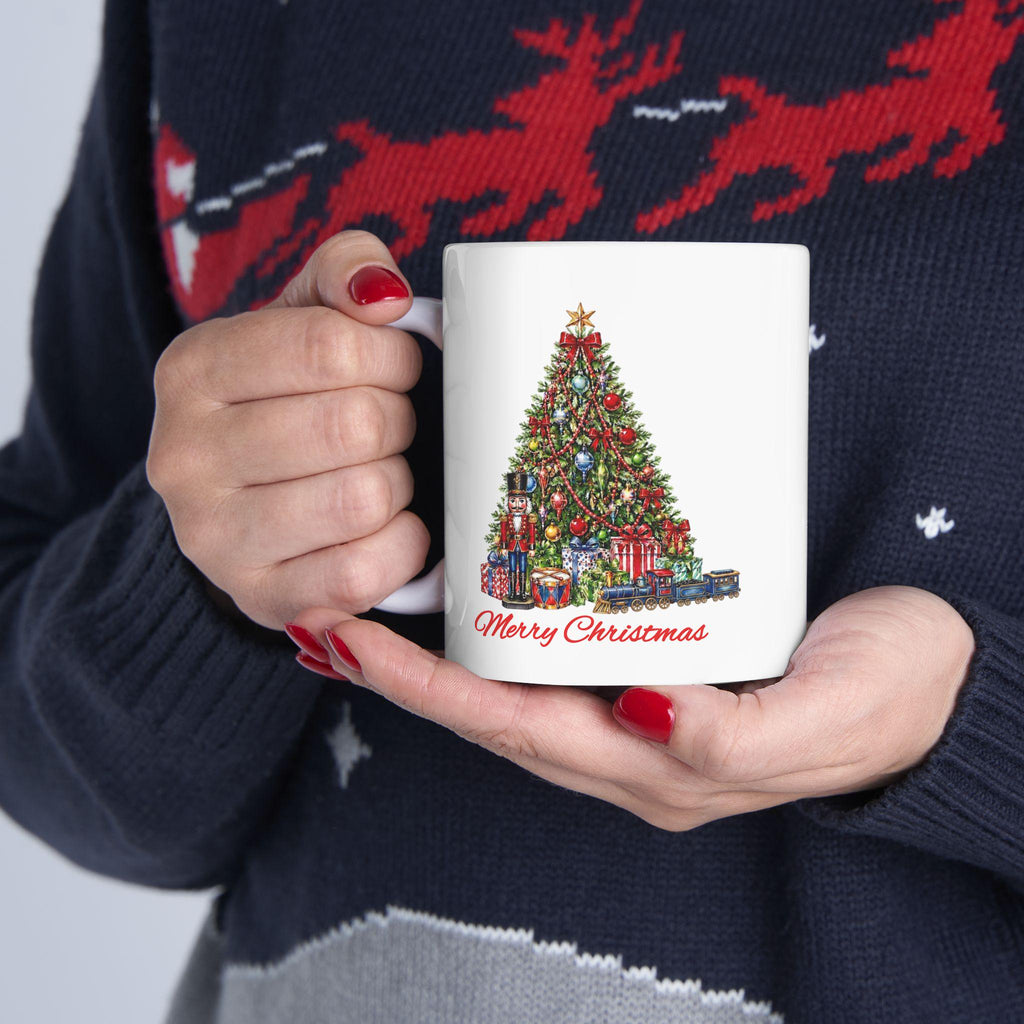 Merry Christmas Tree Mug, Nutcracker Train Gifts Coffee Cup, Vintage Holiday Mug, Christmas Morning Mug Gift, Xmas Tree Hot Cocoa Mug