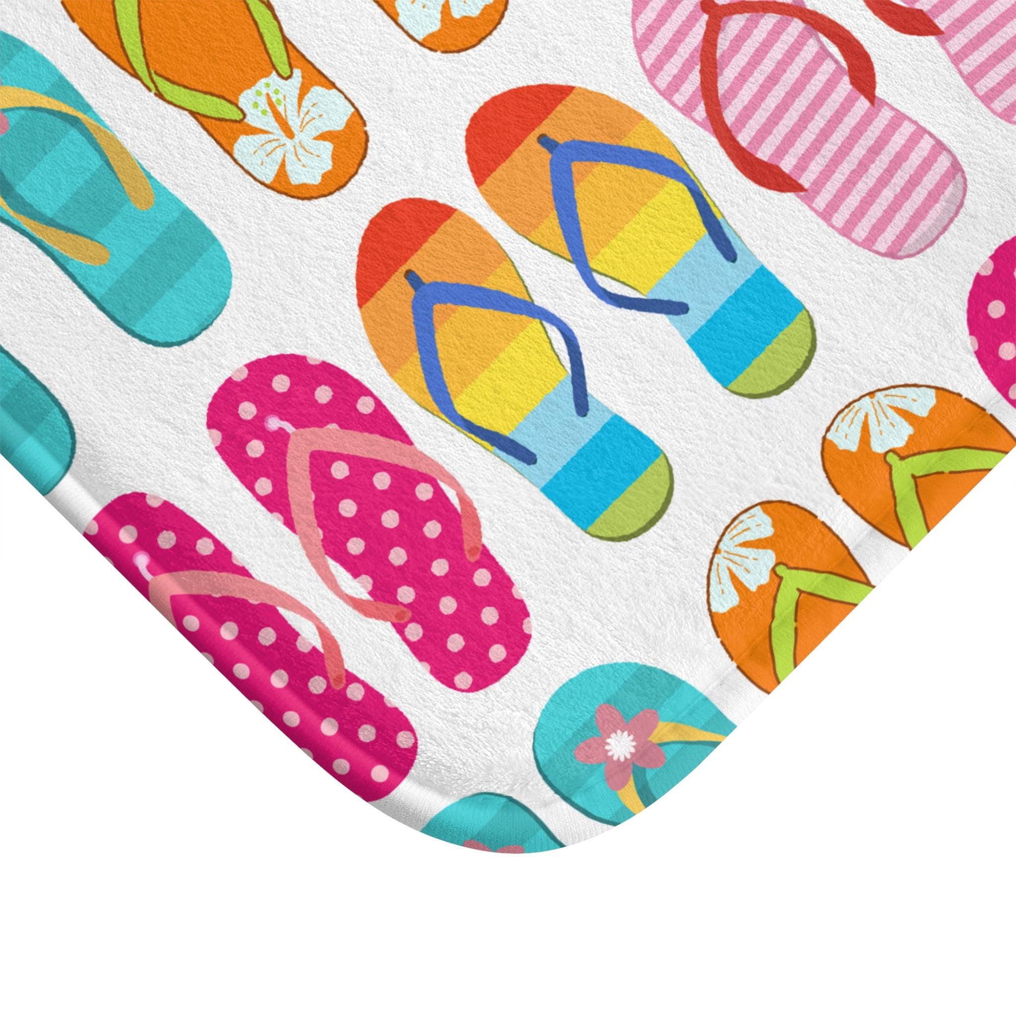 Colorful Flip Flops Pattern Bath Mat | Summer Beach Stripe Design, Beach House Bathmat, Coastal Home Deco Housewarming Gift, Beach Style Rug