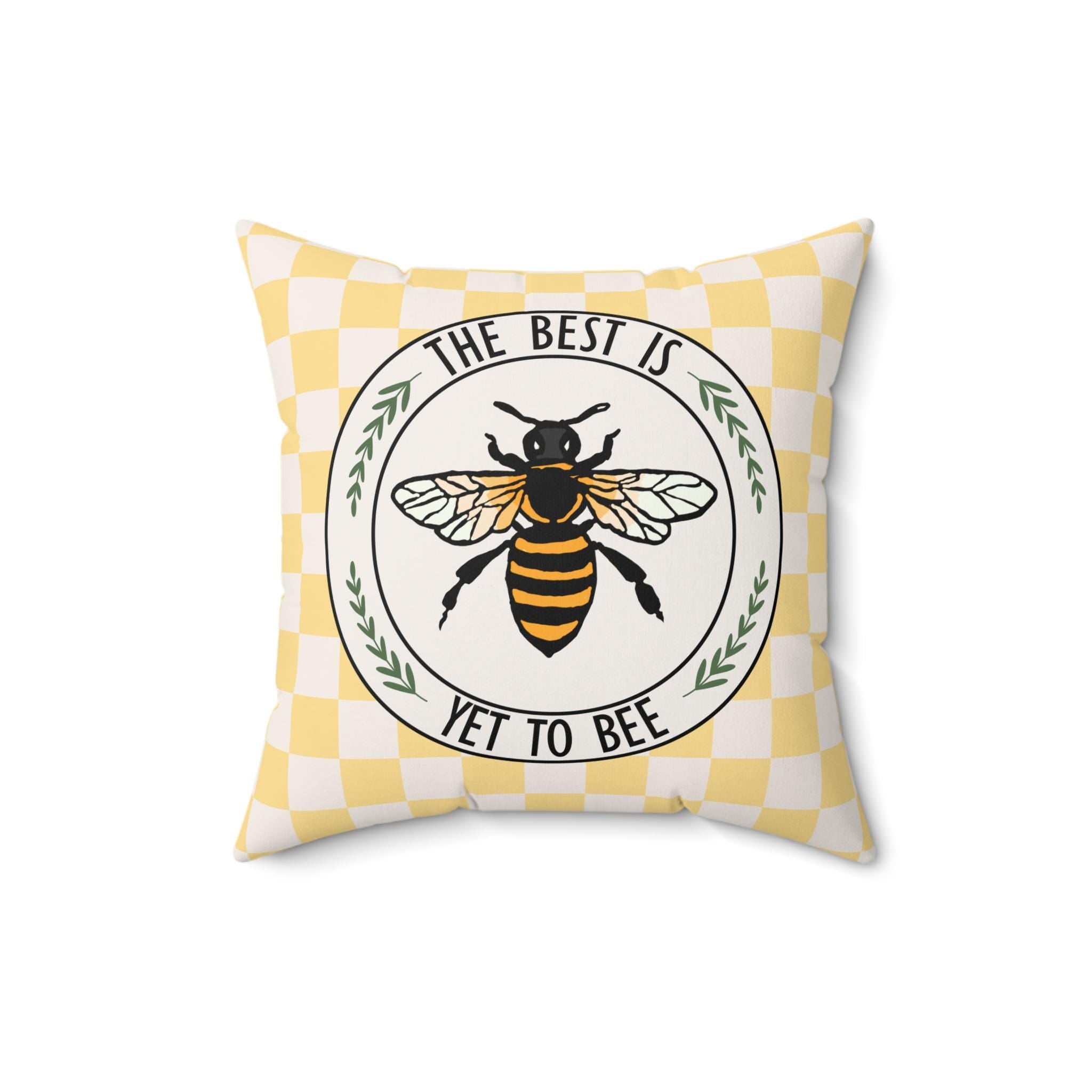 Bee Checkerboard Square Pillow, Cottage-Core Bumblebee Illustration