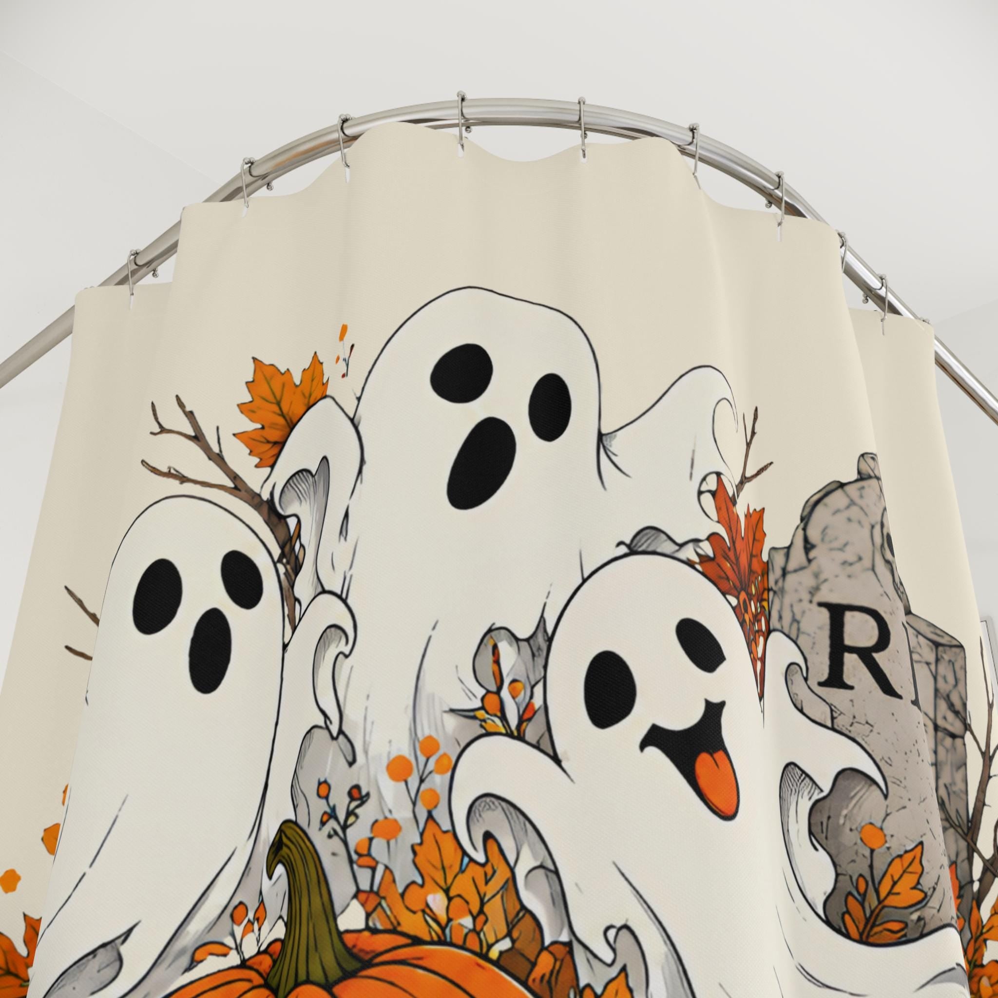 Cute Ghosts with Pumpkins Shower Curtain | Halloween Graveyard Bathroom Décor