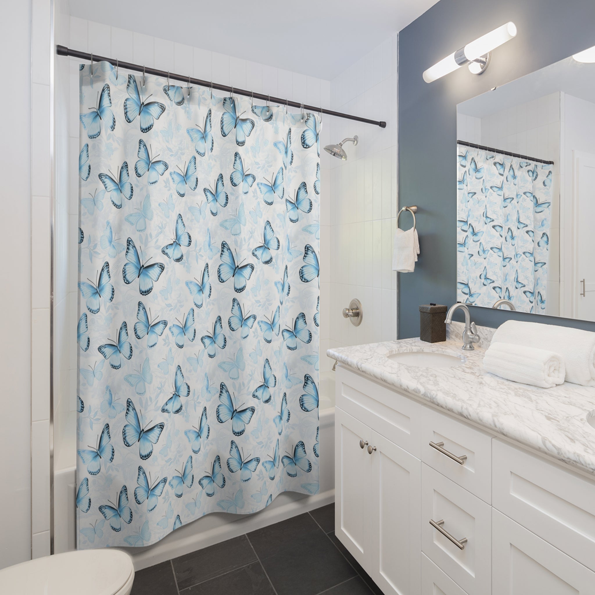 Blue Butterfly Shower Curtain — Soft Watercolor Butterflies Bathroom Decor