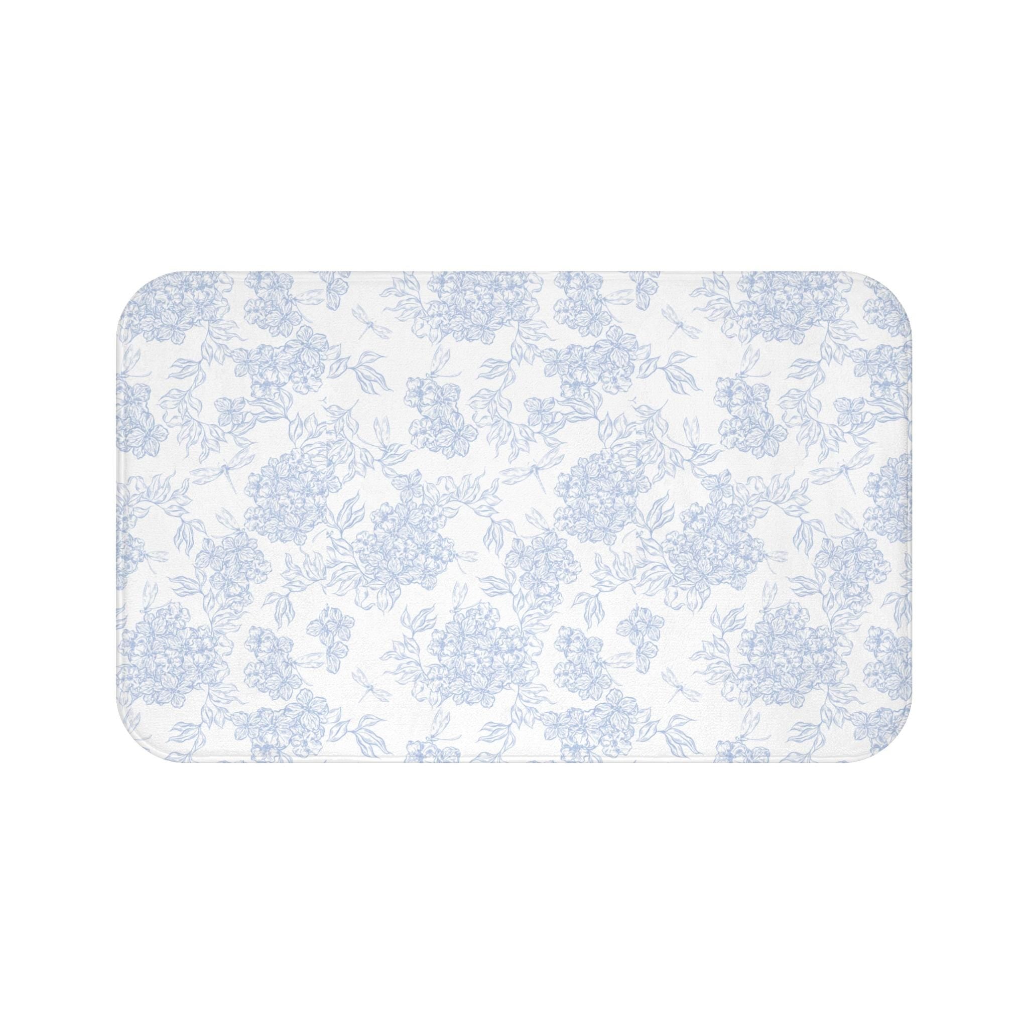 Blue Floral Toile Bath Mat, Vintage Pattern Bathroom Rug | Floral Toile, Cottage Core Bathmat, Guest Bathroom Deco, Housewarming Gift Idea