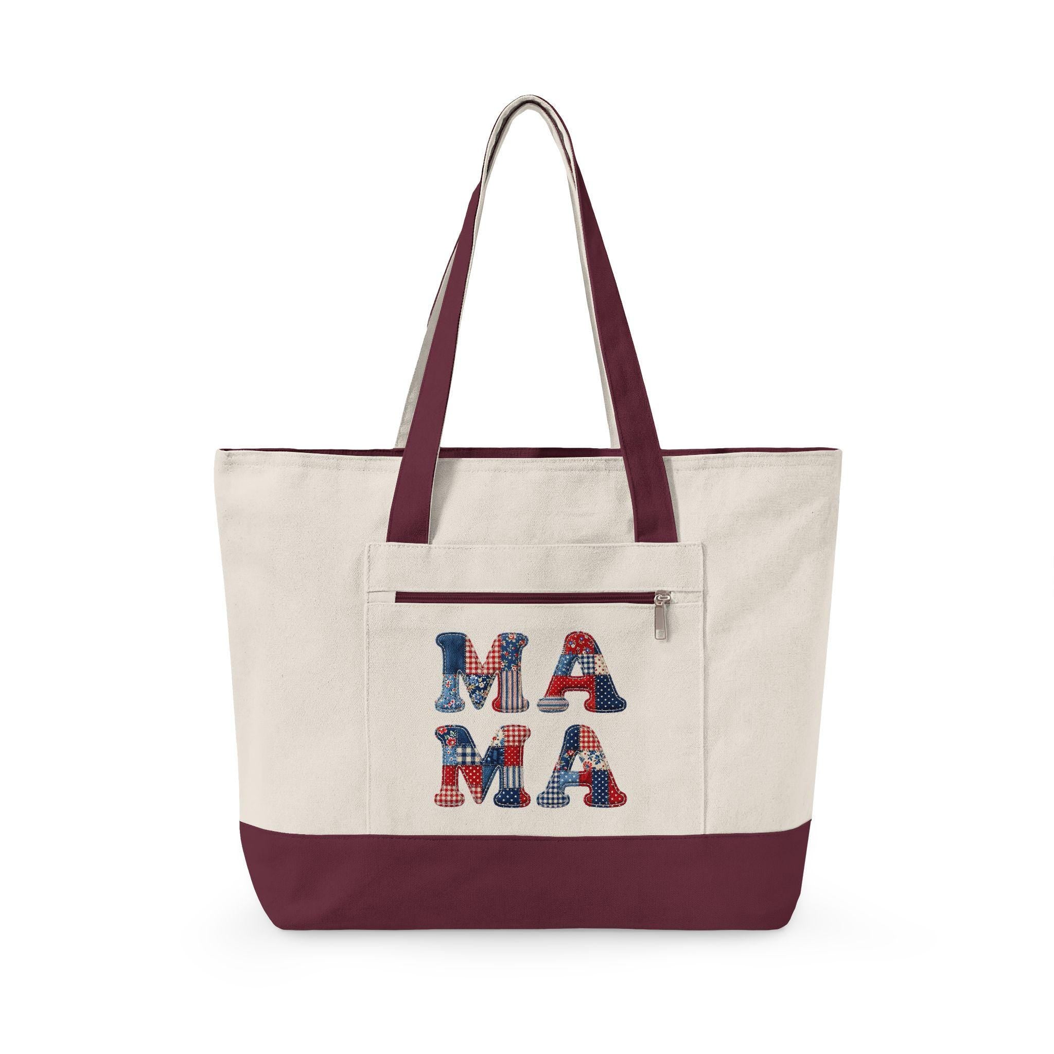 Mama Floral Patchwork Canvas Tote Bag | Zippered Everyday Carryall