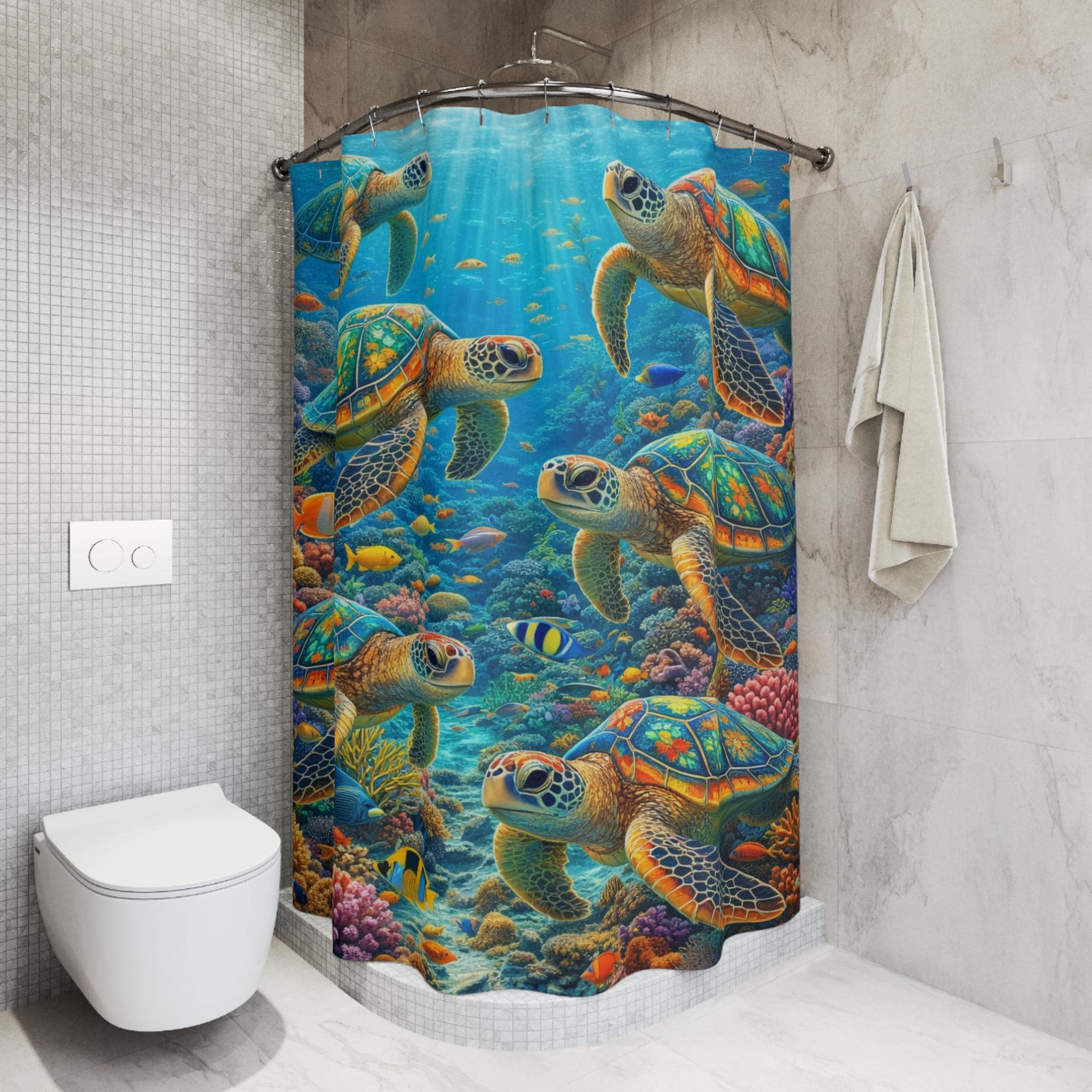 Sea Turtle Shower Curtain, Colorful Ocean Coral Reef Bathroom Decor, Tropical Fish Underwater Print, Beach House Bathroom, Nature Art Gift