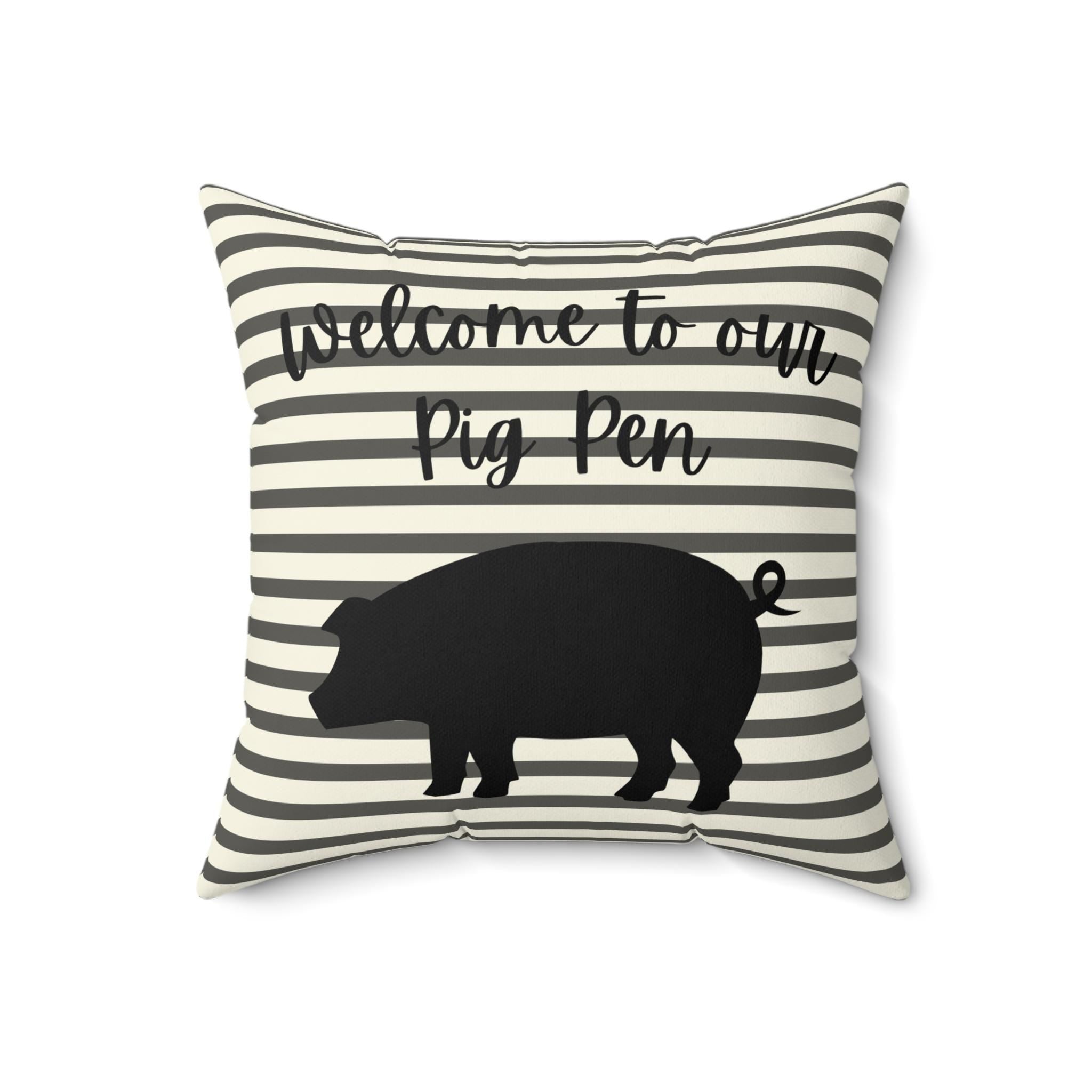 Farmhouse Pig Silhouette Pillow, Striped Country Cottage Decor