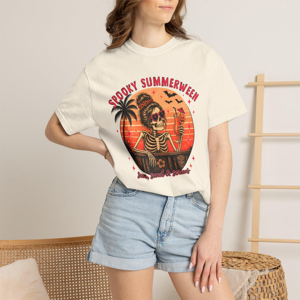 Spooky Summerween T-Shirt, Sun Sand and Screams Skeleton Beach Shirt, Halloween in July Tee, Funny Skeleton Cocktail Shirt