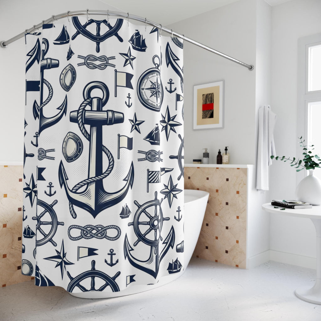 Nautical Anchor Pattern Shower Curtain Maritime Wheel Compass Sailboat, New Home Gift, Beach Lake Vacation Home Deco Graphic Shower Curtain