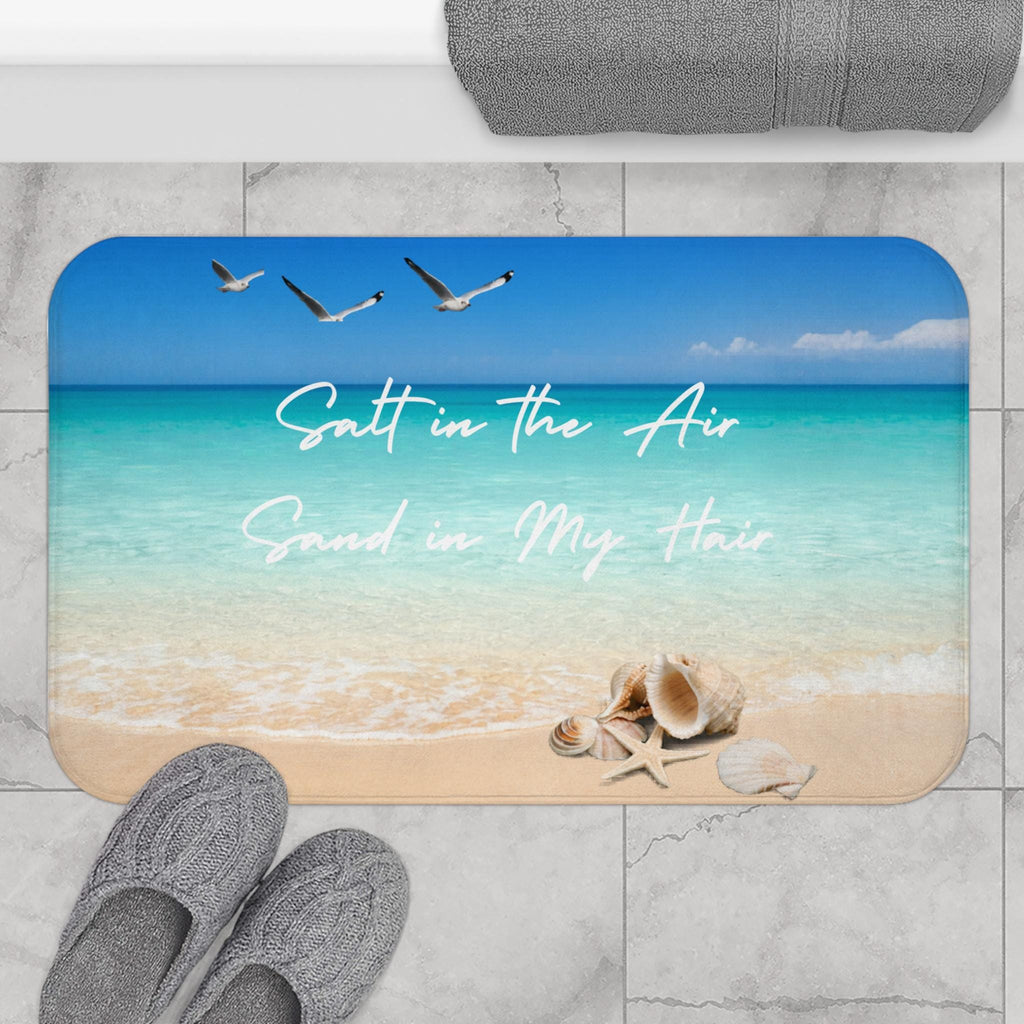 Salt in the Air Beach Scene Bath Mat | Seashells, Ocean Waves, Coastal Décor, Coastal Bathroom Deco, Seaside Bathroom Rug, Housewarming Gift
