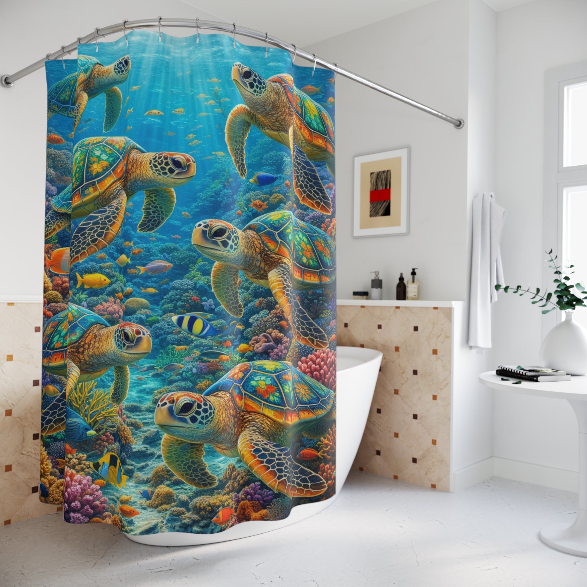 Sea Turtle Shower Curtain, Colorful Ocean Coral Reef Bathroom Decor, Tropical Fish Underwater Print, Beach House Bathroom, Nature Art Gift