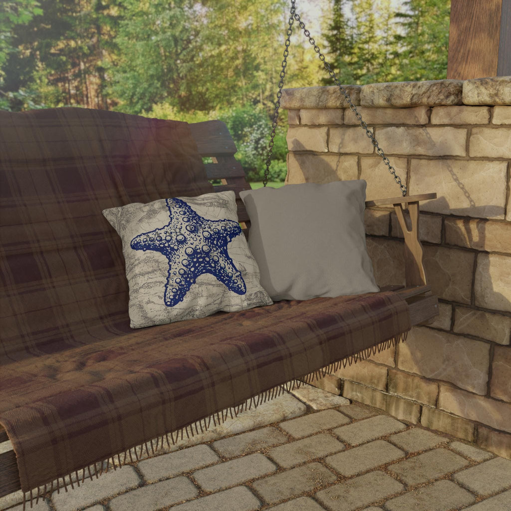 Nautical Blue Starfish Outdoor Pillow | Coastal Beach Decorative Cushion