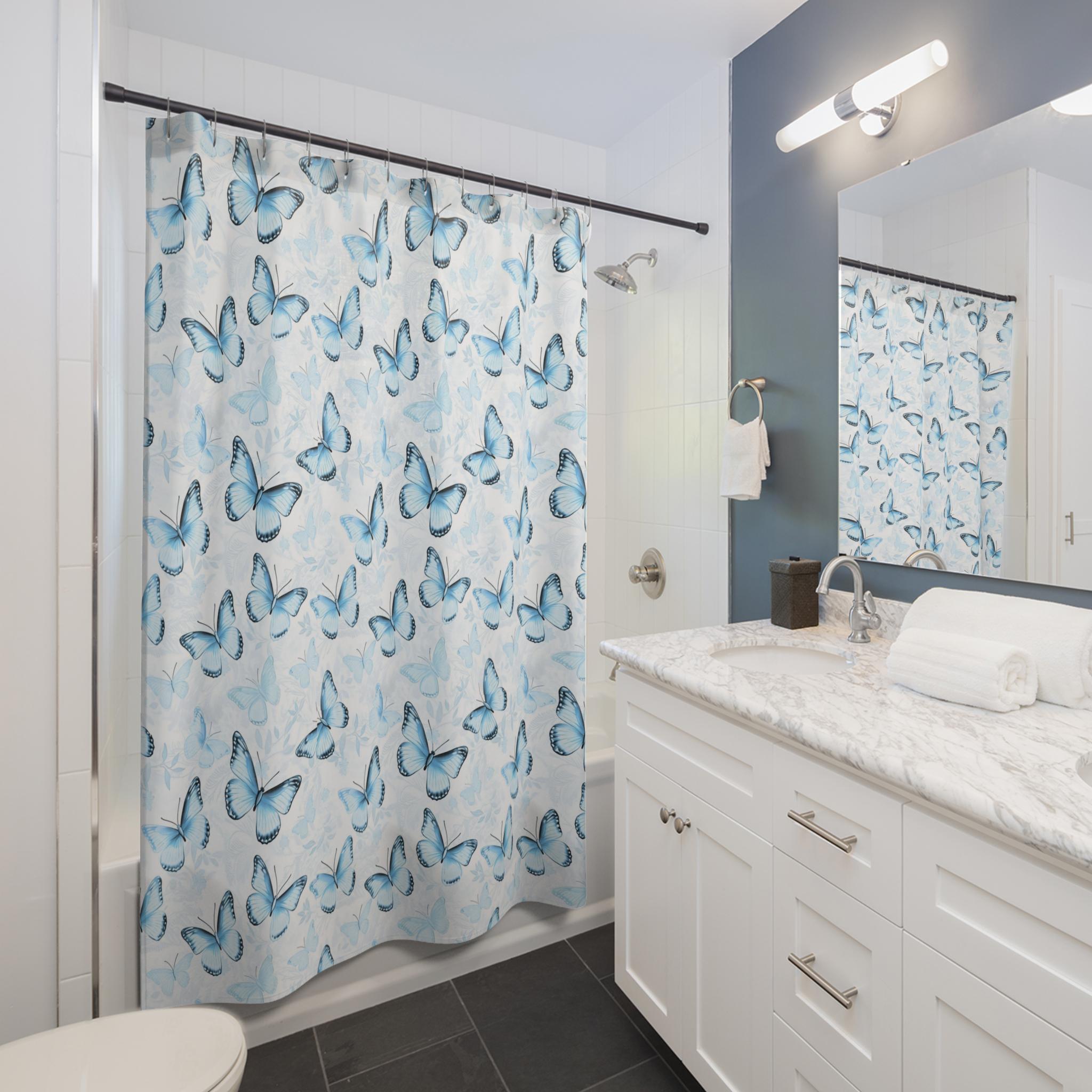 Blue Butterfly Shower Curtain, Aesthetic Bathroom Decor, Morpho Butterfly Bath Curtain, Cottagecore Shower Curtain, Boho Bathroom Decor