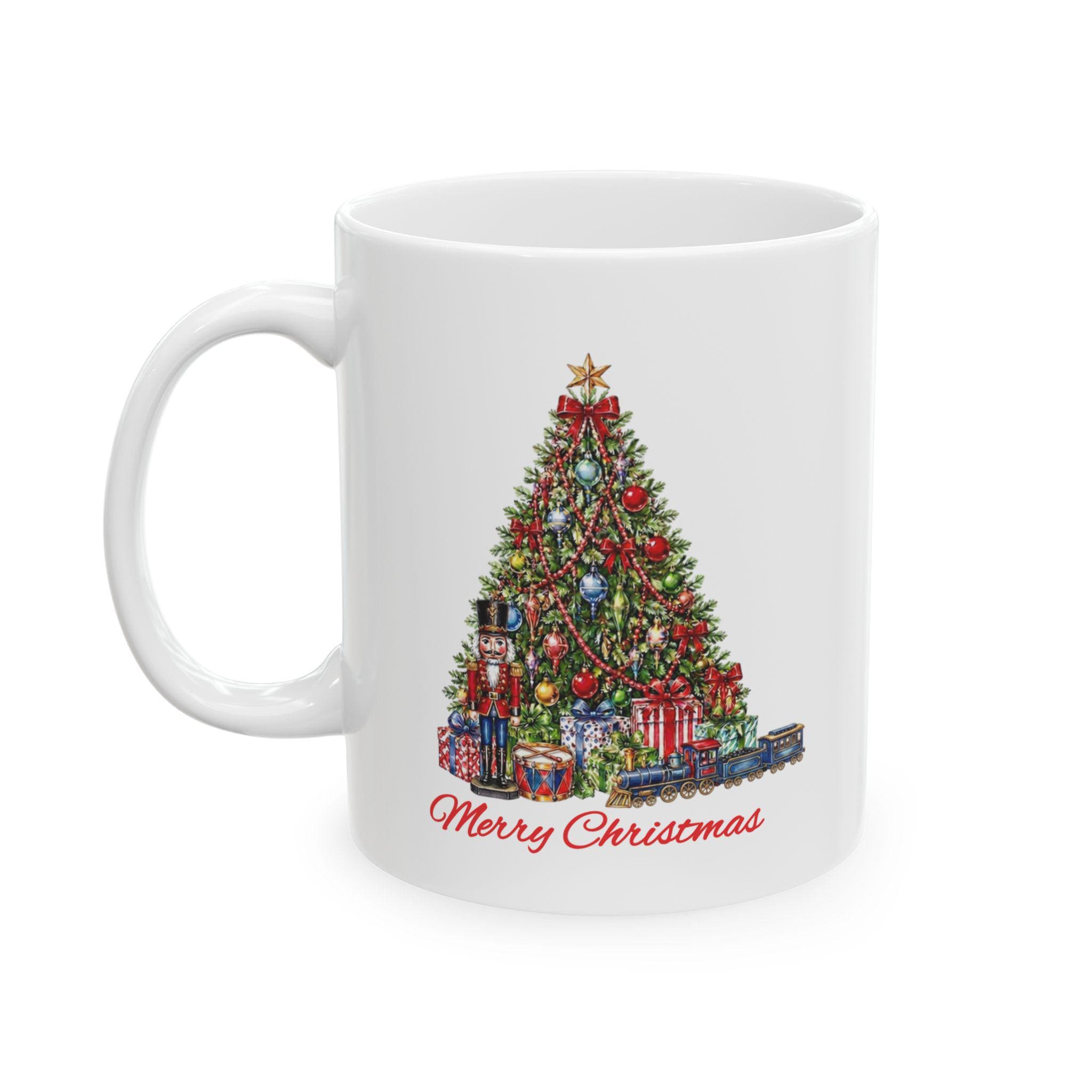 Merry Christmas Tree Mug, Nutcracker Train Gifts Coffee Cup, Vintage Holiday Mug, Christmas Morning Mug Gift, Xmas Tree Hot Cocoa Mug