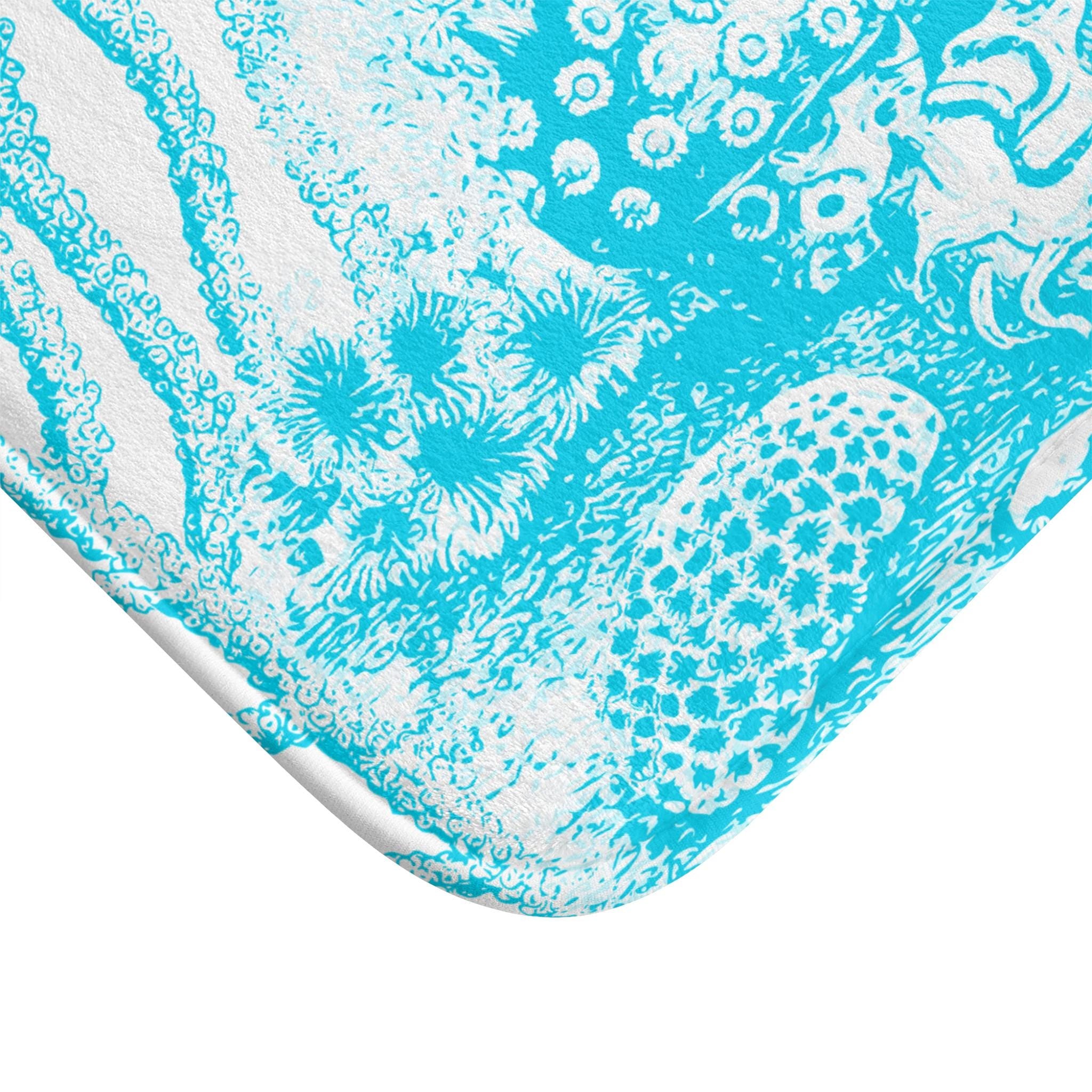 Turquoise Coral Reef Bath Mat | Seashell Ocean Floor Beach Rug, Coastal Beach Bathroom Rug, Seaside Bathroom Deco, Beach Housewarming Gift