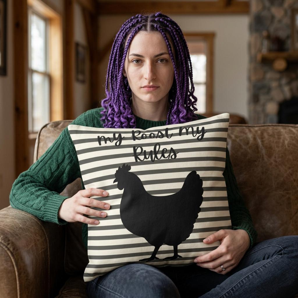Chicken Pillow | Striped Farmhouse Throw Pillow, Rustic Country Cottage Décor