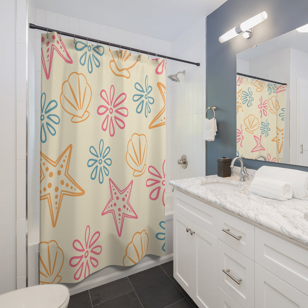 Beach Shells Shower Curtain — Coastal Starfish & Seashell Pattern, Pastel Nautical Bathroom Decor