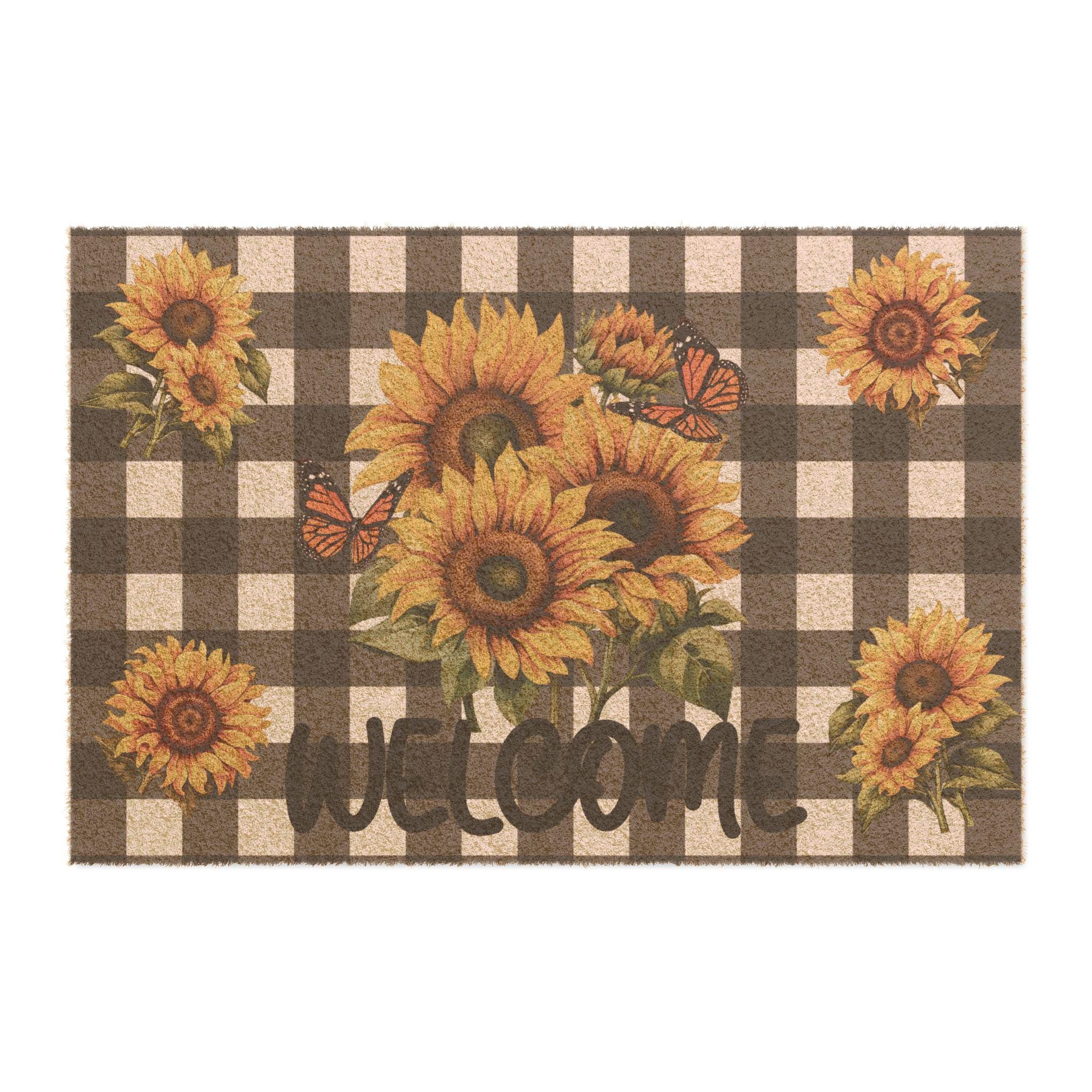 Sunflower Bouquet Doormat | Buffalo Check Welcome Mat, Fall Porch Decor