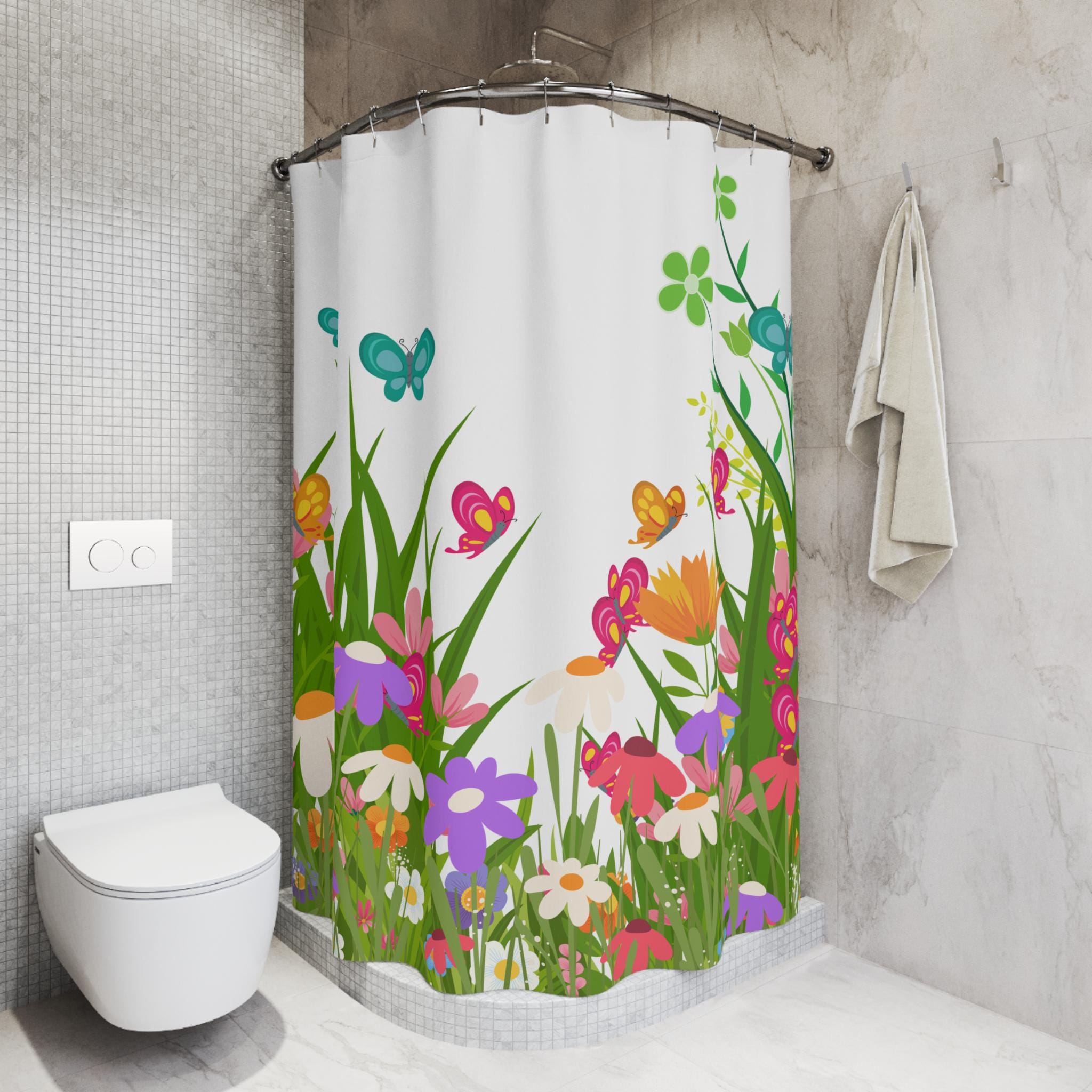 Colorful Wildflower Meadow Shower Curtain | Butterflies, Grass, Floral, New Home Bathroom Gift, Flower Pattern Shower Curtain
