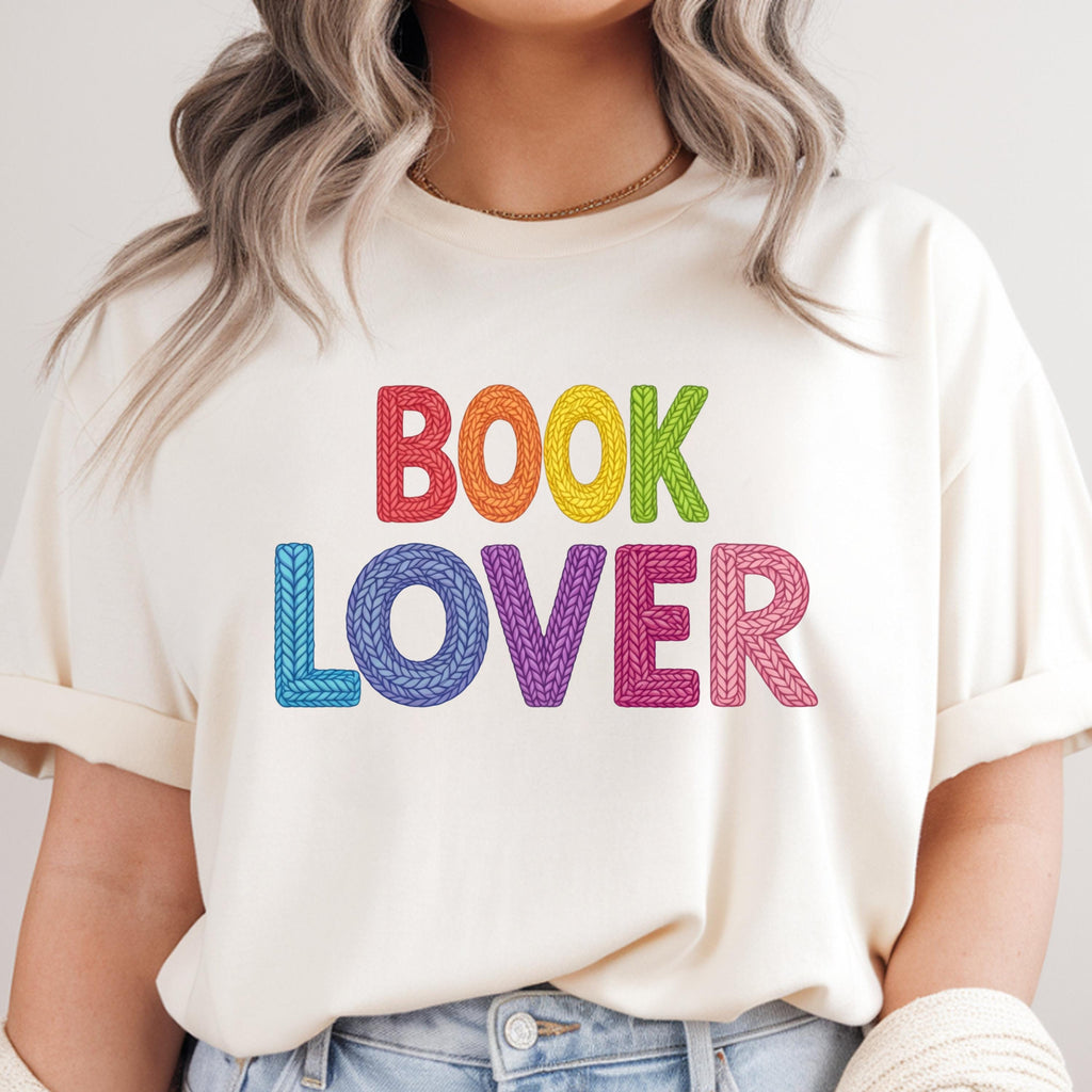 Book Lover Tee | Rainbow Stitched Text, Crew Neck Cotton Shirt
