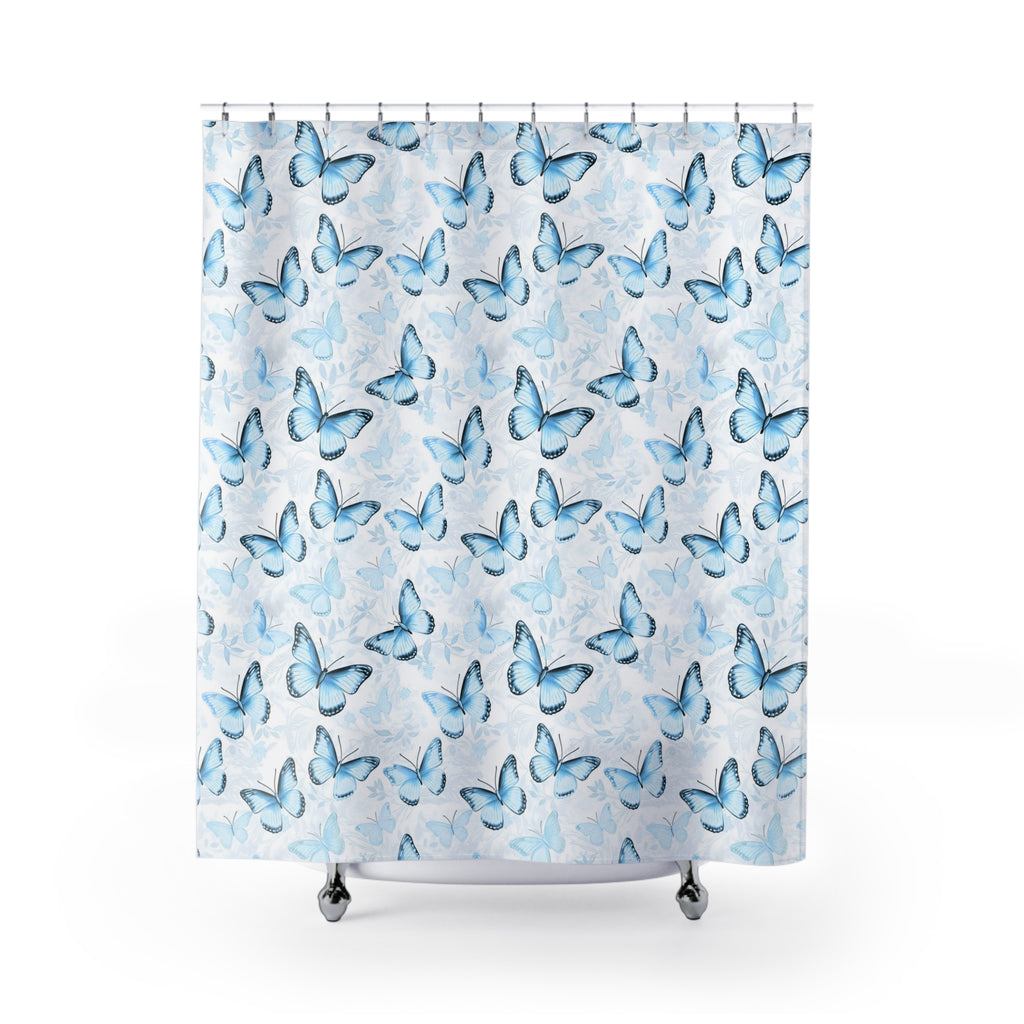 Blue Butterfly Shower Curtain — Soft Watercolor Butterflies Bathroom Decor