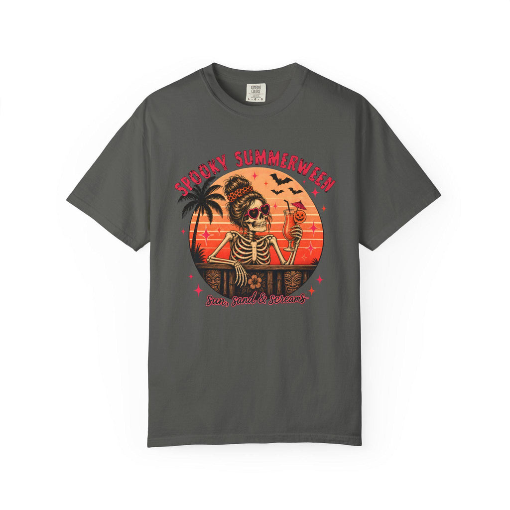 Spooky Summerween T-Shirt, Sun Sand and Screams Skeleton Beach Shirt, Halloween in July Tee, Funny Skeleton Cocktail Shirt
