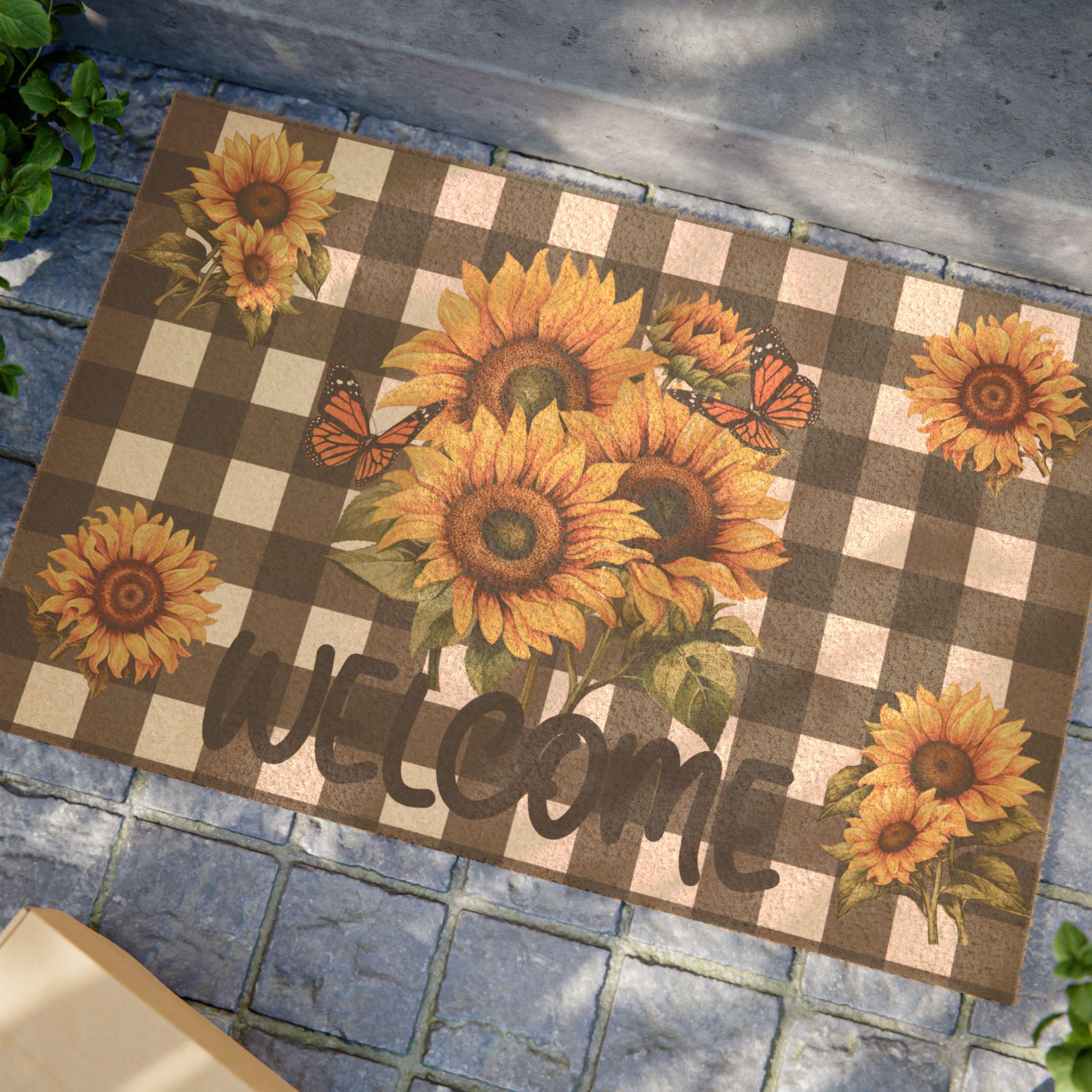 Sunflower Bouquet Doormat | Buffalo Check Welcome Mat, Fall Porch Decor