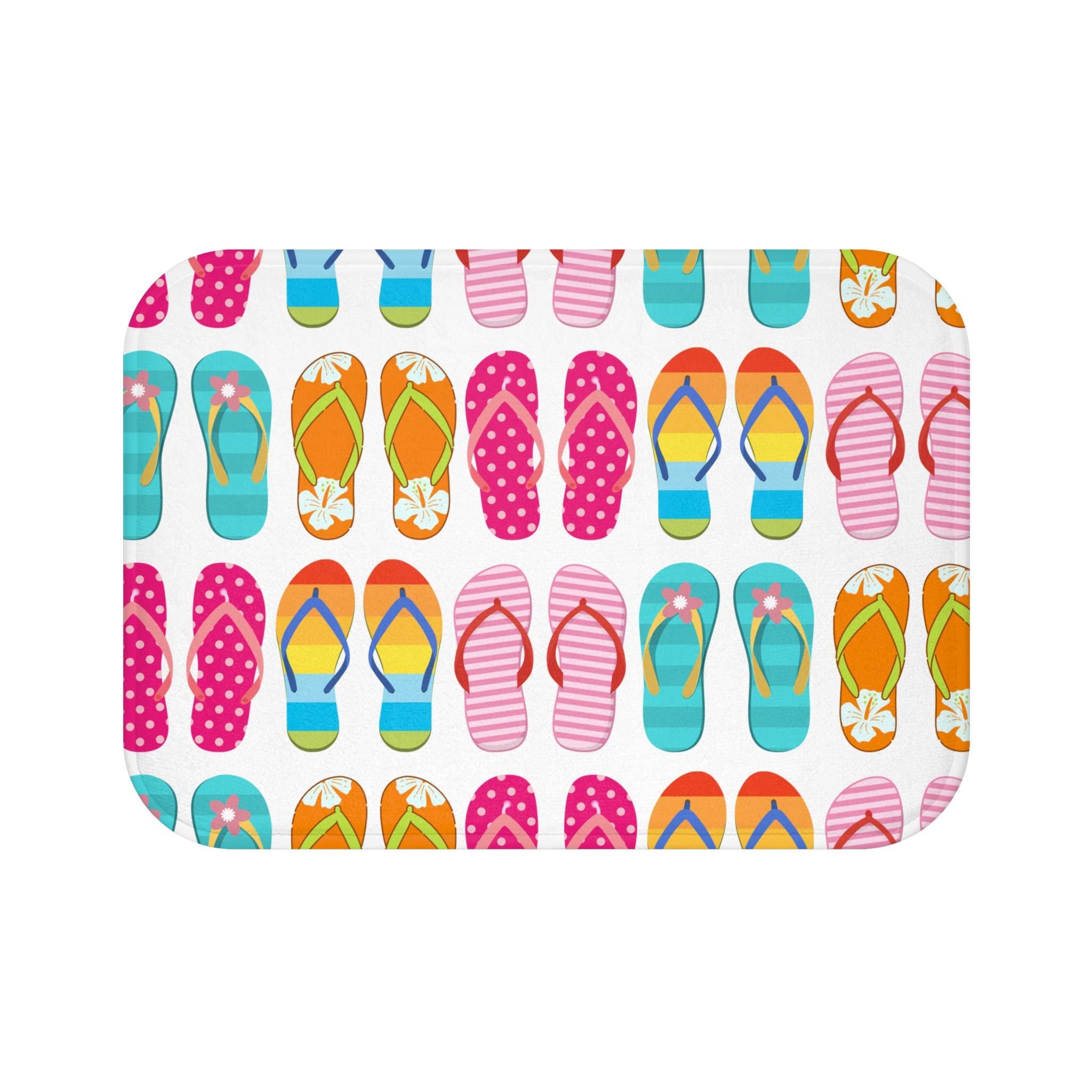 Colorful Flip Flops Pattern Bath Mat | Summer Beach Stripe Design, Beach House Bathmat, Coastal Home Deco Housewarming Gift, Beach Style Rug