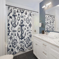 Nautical Anchor Pattern Shower Curtain Maritime Wheel Compass Sailboat, New Home Gift, Beach Lake Vacation Home Deco Graphic Shower Curtain