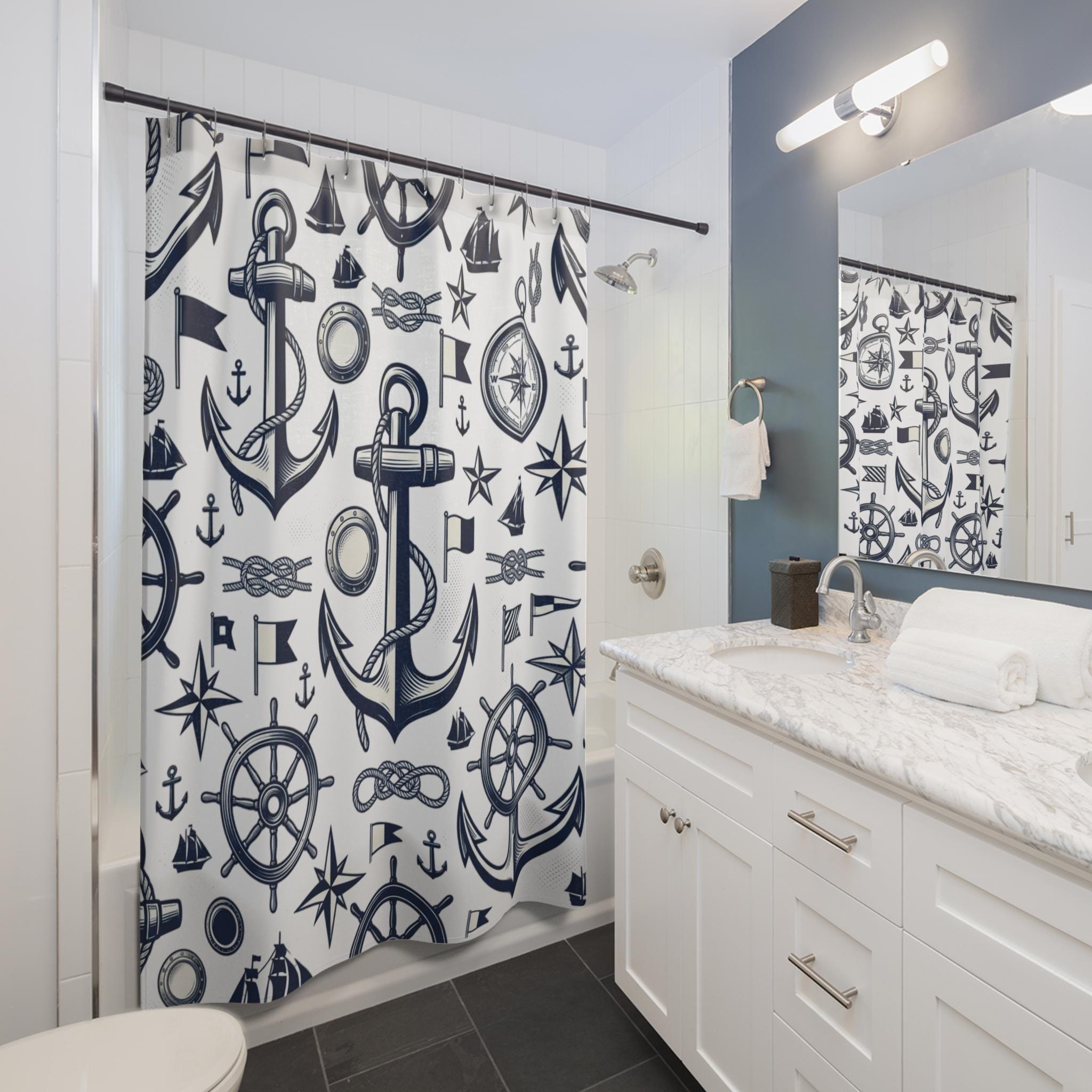 Nautical Anchor Pattern Shower Curtain Maritime Wheel Compass Sailboat, New Home Gift, Beach Lake Vacation Home Deco Graphic Shower Curtain