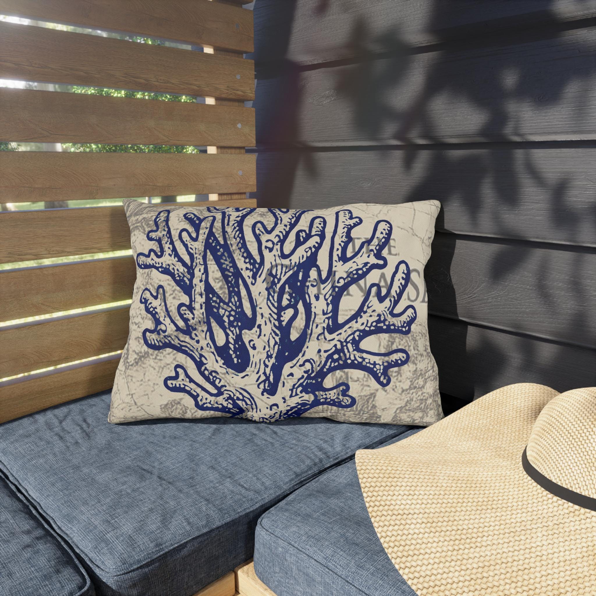 Nautical Blue Coral Outdoor Pillow | Coastal Seaside Map Accent, Beach House Porch Cushion