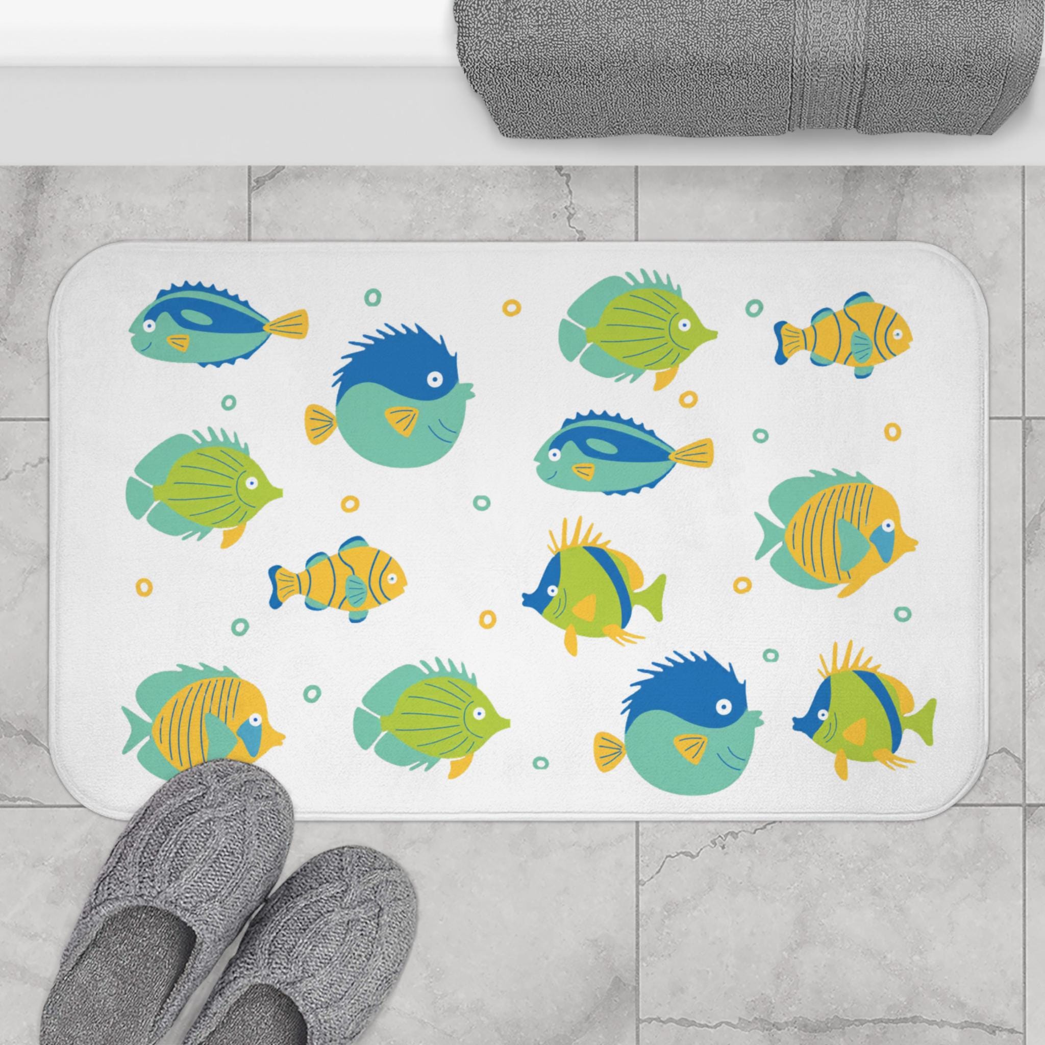 Colorful Tropical Fish Bath Mat | Nautical Ocean Pattern, Kids Bathroom, Fun Beach House Bathroom Rug, Coastal Gift Idea, Seaside Bathroom