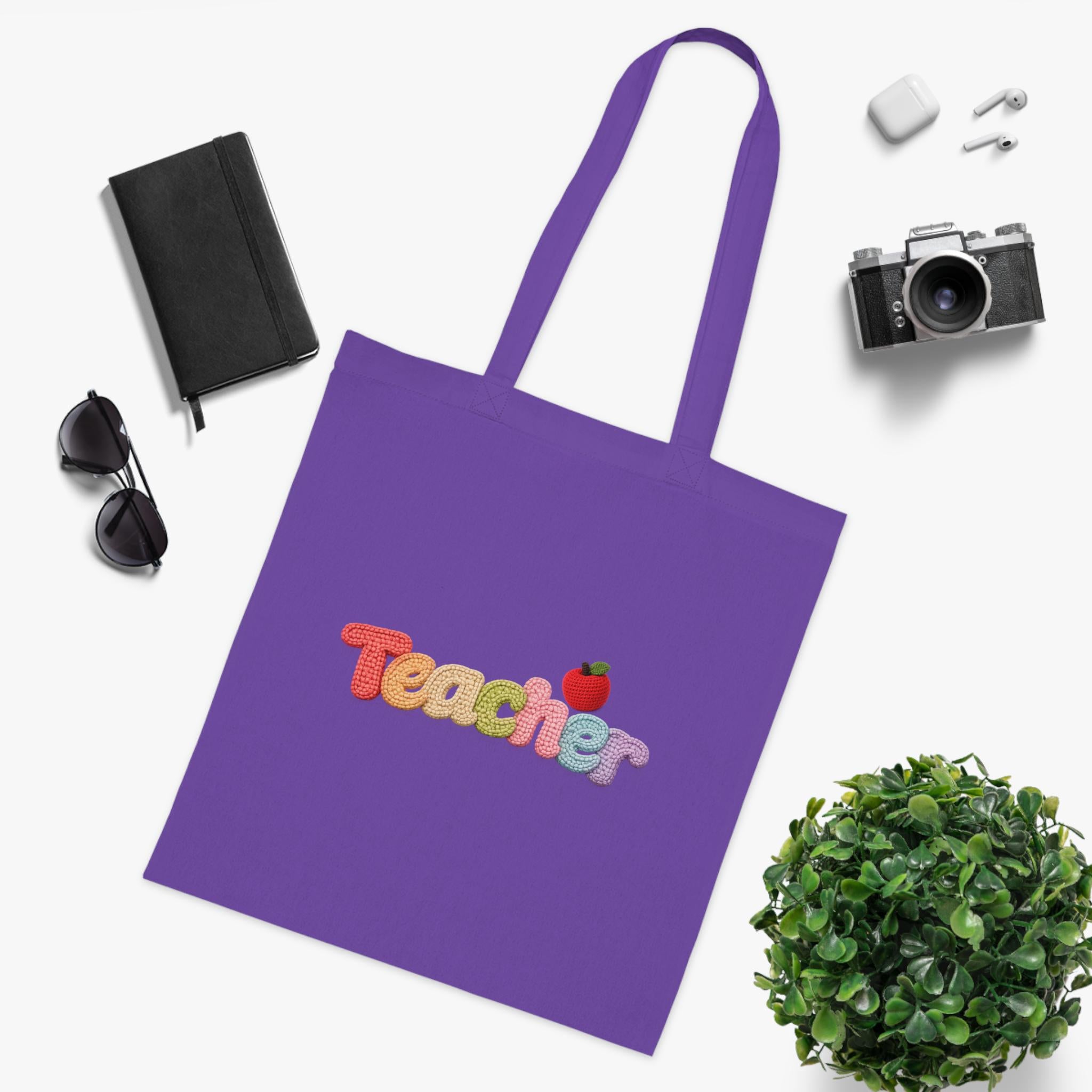 Teacher Tote Bag | Rainbow Letter Apple Design, Cotton Canvas