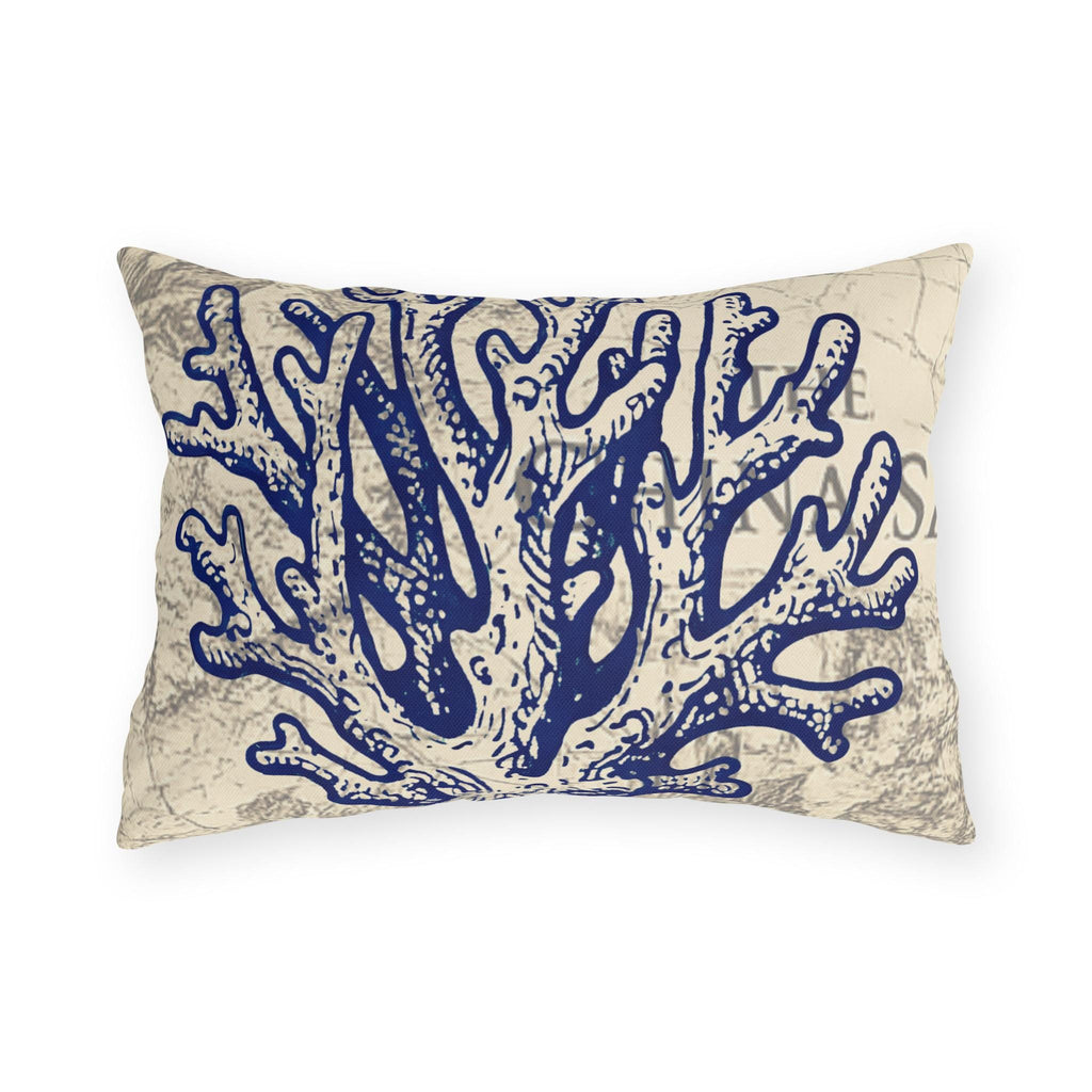 Nautical Blue Coral Outdoor Pillow | Coastal Seaside Map Accent, Beach House Porch Cushion