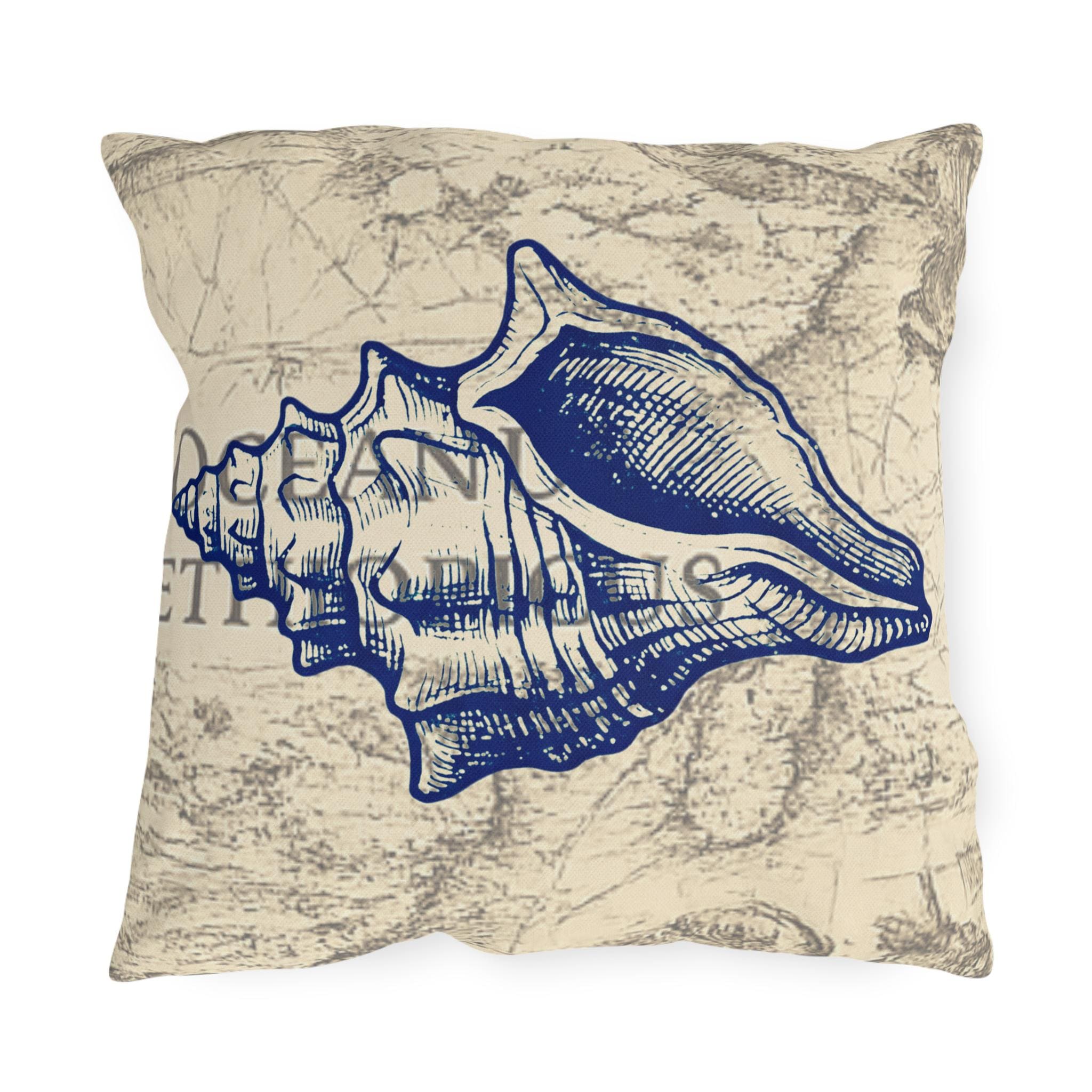Nautical Conch Shell Pillow | Coastal Seaside Accent, Outdoor Porch Cushion