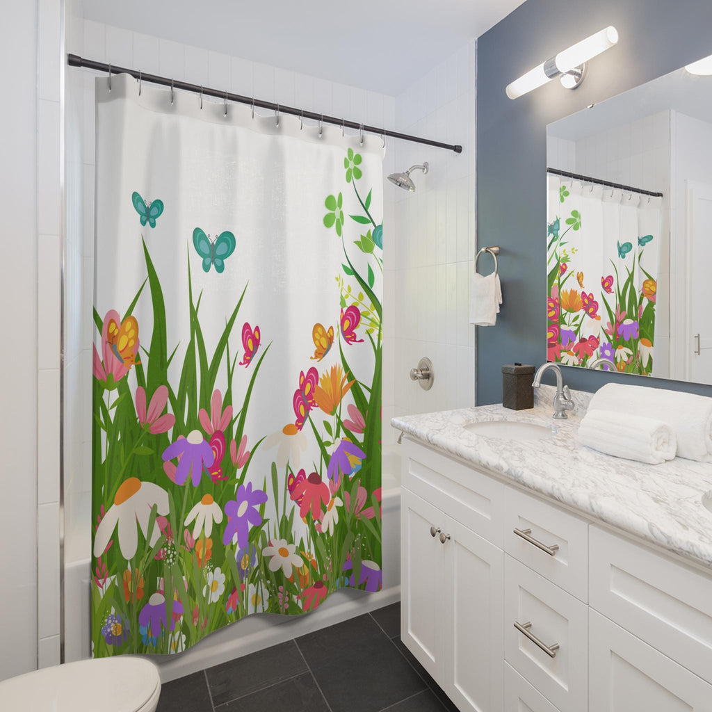Colorful Wildflower Meadow Shower Curtain | Butterflies, Grass, Floral, New Home Bathroom Gift, Flower Pattern Shower Curtain