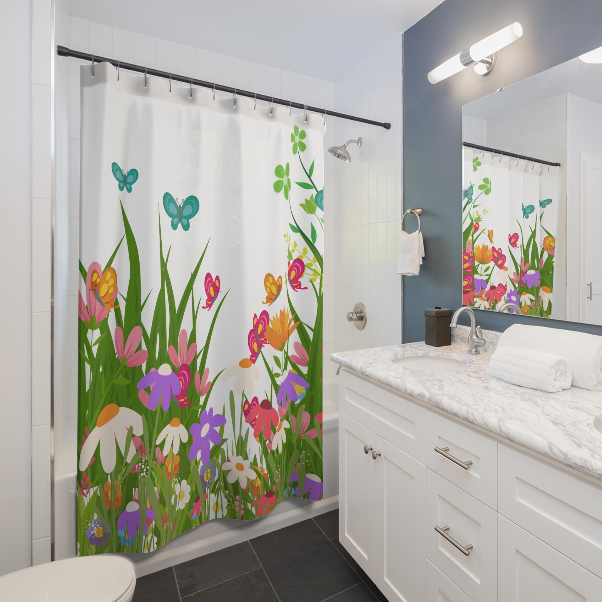 Colorful Wildflower Meadow Shower Curtain | Butterflies, Grass, Floral, New Home Bathroom Gift, Flower Pattern Shower Curtain