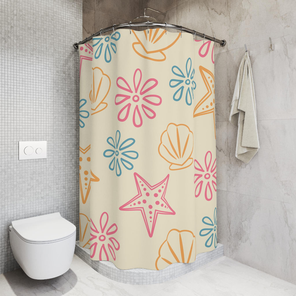 Sea Shells and Starfish Shower Curtain Beach Floral Pattern, New Home Gift Deco, Vacation Beach or Lake Home Deco, Graphic Curtain Bathroom