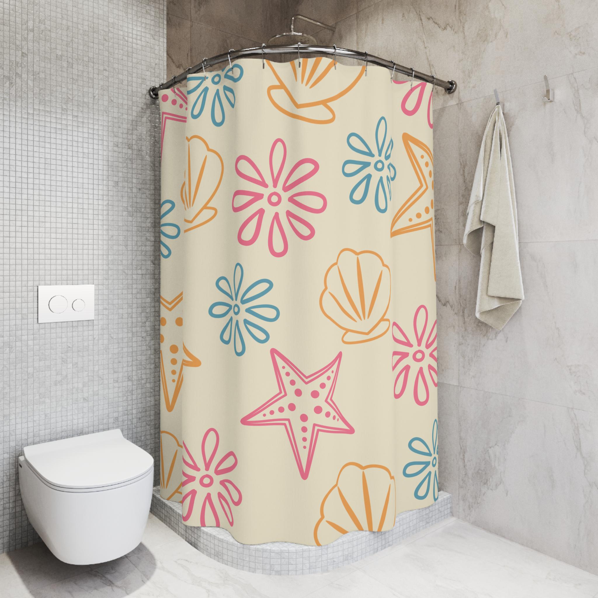 Sea Shells and Starfish Shower Curtain Beach Floral Pattern, New Home Gift Deco, Vacation Beach or Lake Home Deco, Graphic Curtain Bathroom