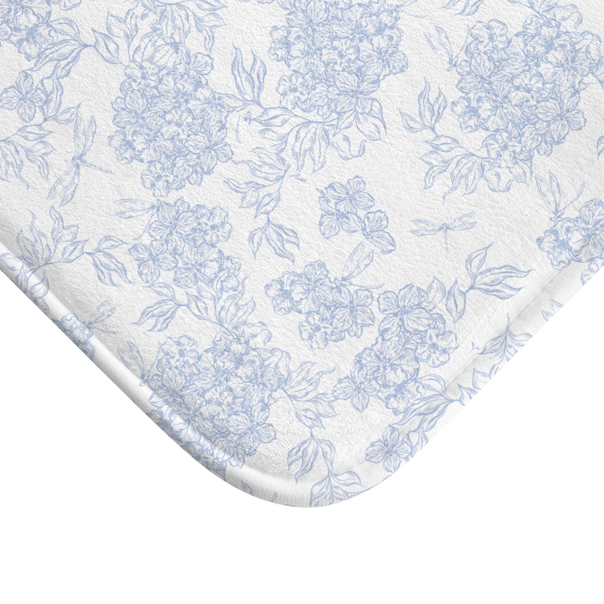 Blue Floral Toile Bath Mat, Vintage Pattern Bathroom Rug | Floral Toile, Cottage Core Bathmat, Guest Bathroom Deco, Housewarming Gift Idea