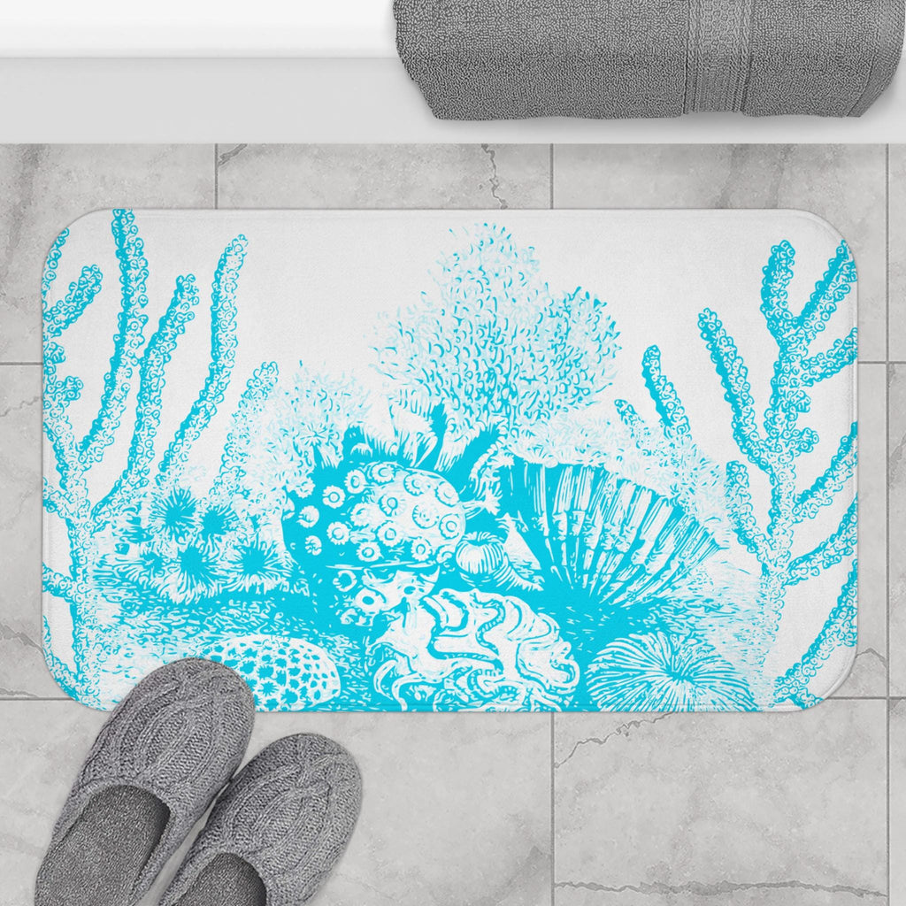 Turquoise Coral Reef Bath Mat | Seashell Ocean Floor Beach Rug, Coastal Beach Bathroom Rug, Seaside Bathroom Deco, Beach Housewarming Gift