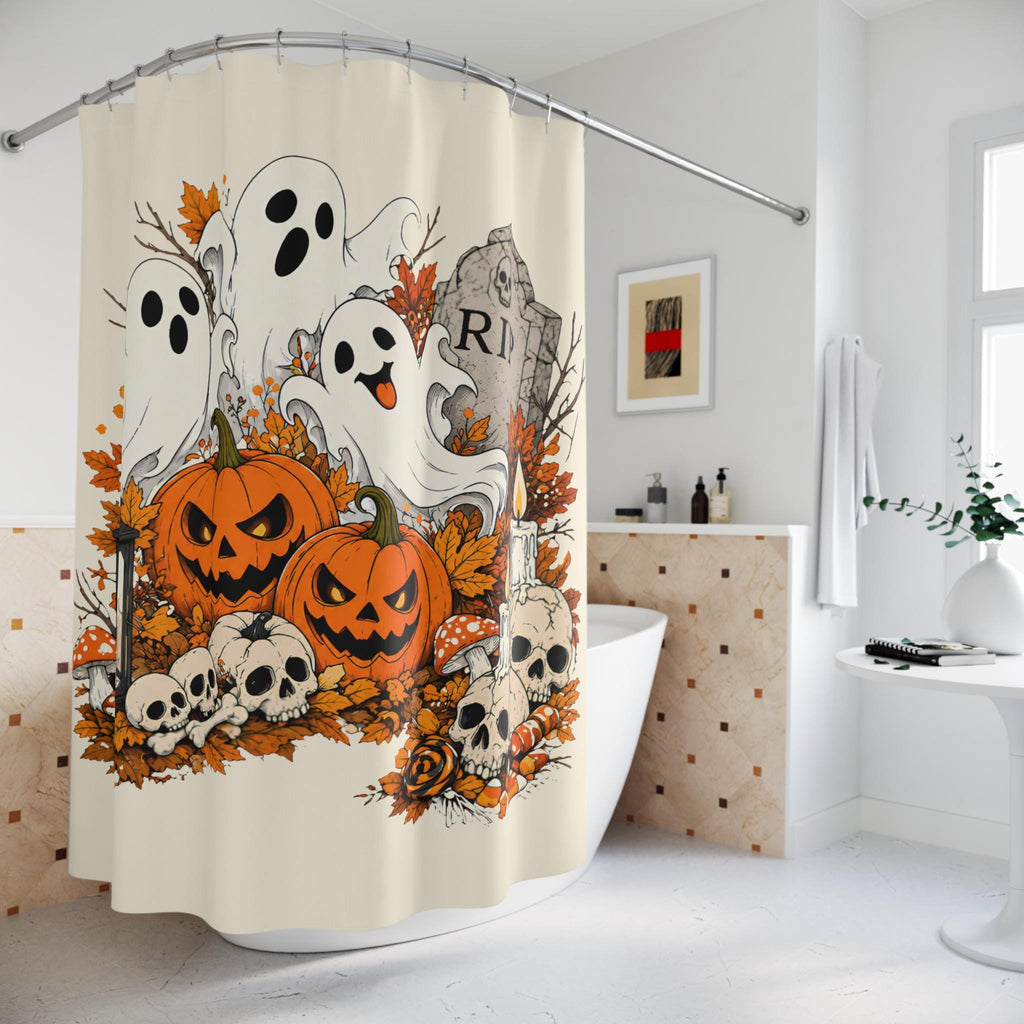 Cute Ghosts with Pumpkins Shower Curtain | Halloween Graveyard Bathroom Décor
