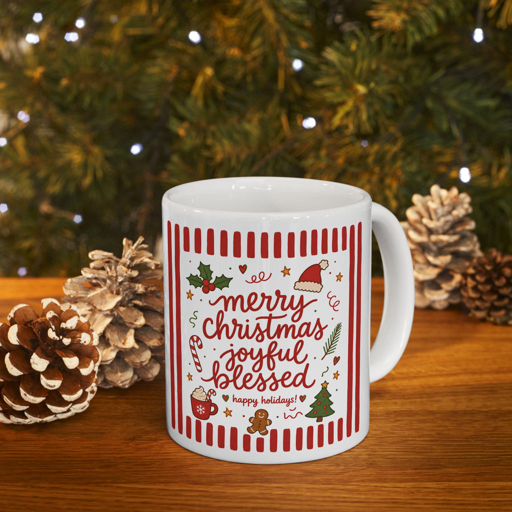Festive Candy Cane Holly Christmas Typography Mug | 11oz 15oz