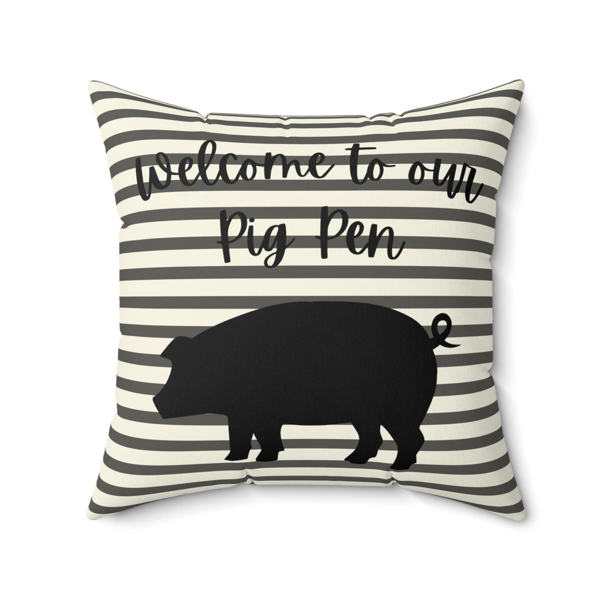 Farmhouse Pig Silhouette Pillow, Striped Country Cottage Decor