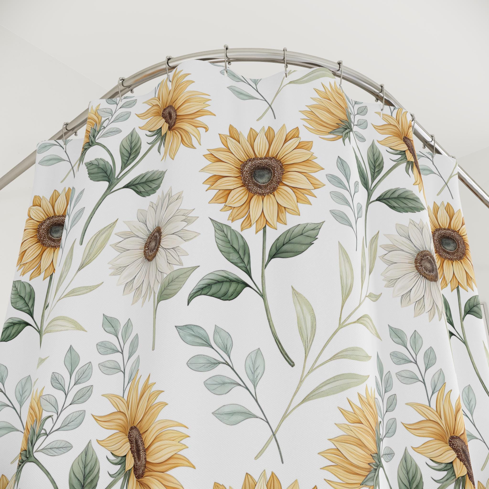 Sunflower Shower Curtain, Watercolor Floral Bathroom Decor, Boho Farmhouse Yellow Flower Curtain, Cottagecore Spring Summer Bath Gift