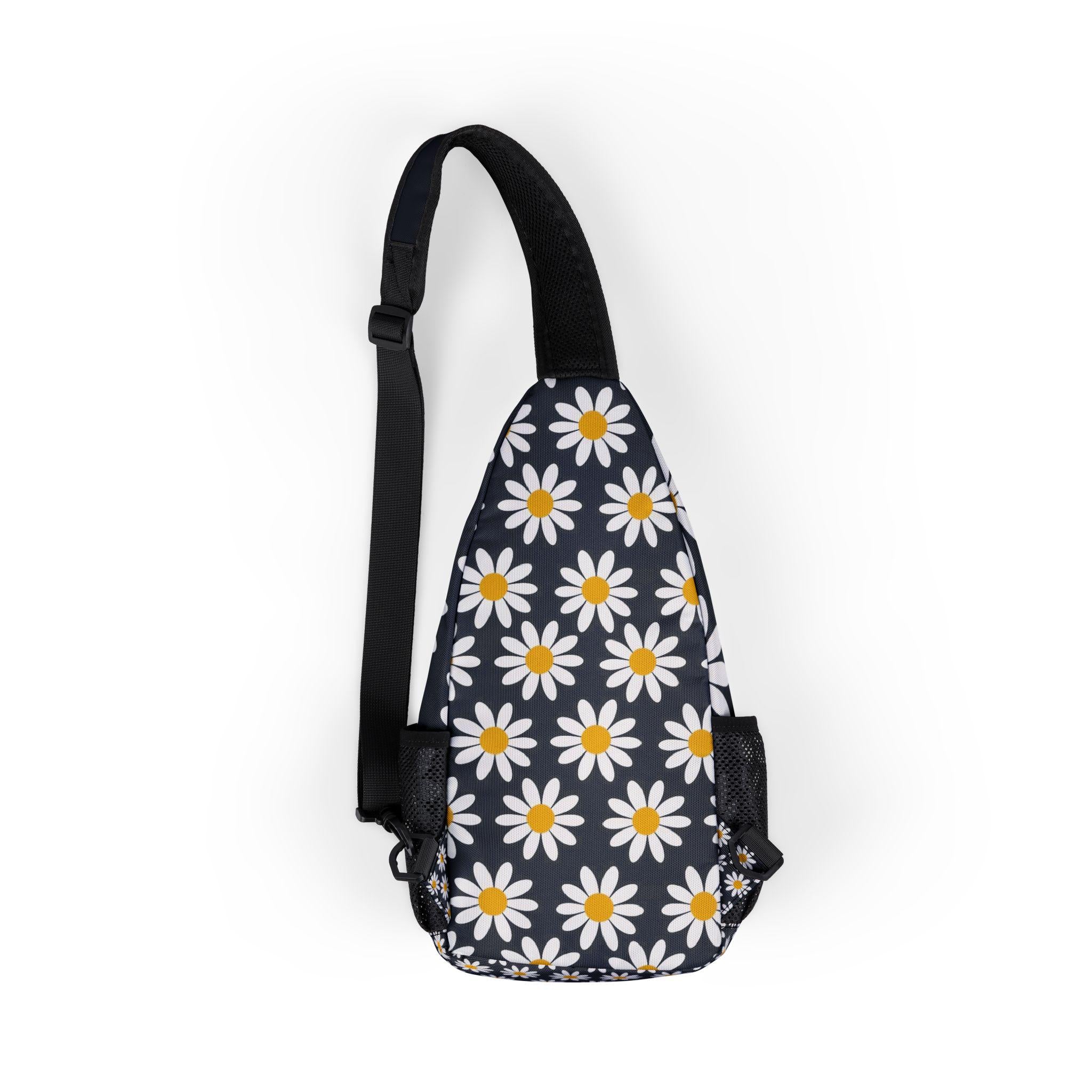 White Daisy Pattern Chest Bag | Black Background Sling, Graphic Sling Chest Bag, Her Shoulder Bag, Floral Pattern Chest Bag, Gift Sling Bag